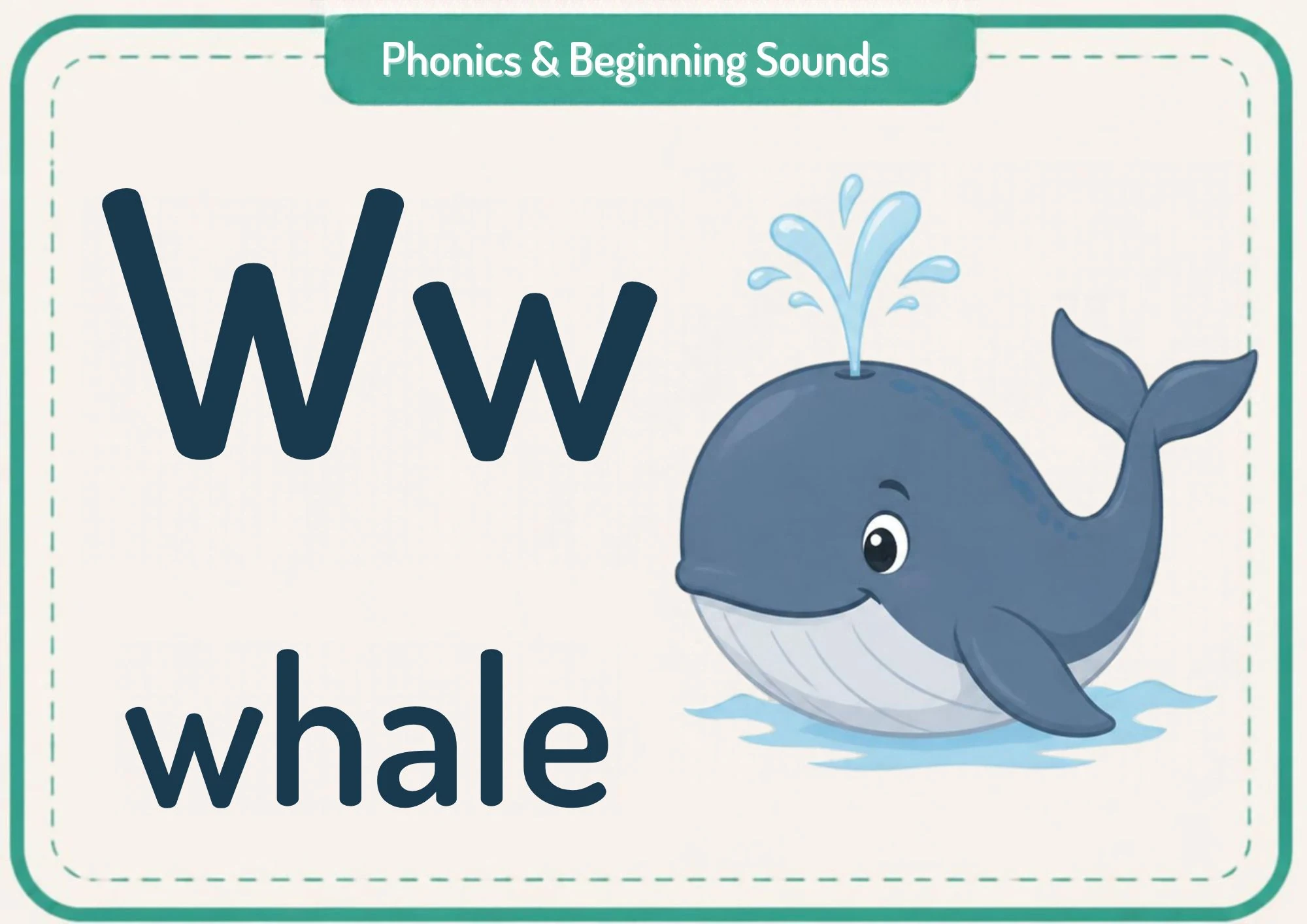 A phonics flashcard with the big letters Ww, the word "whale" and a blue whale spouting water.