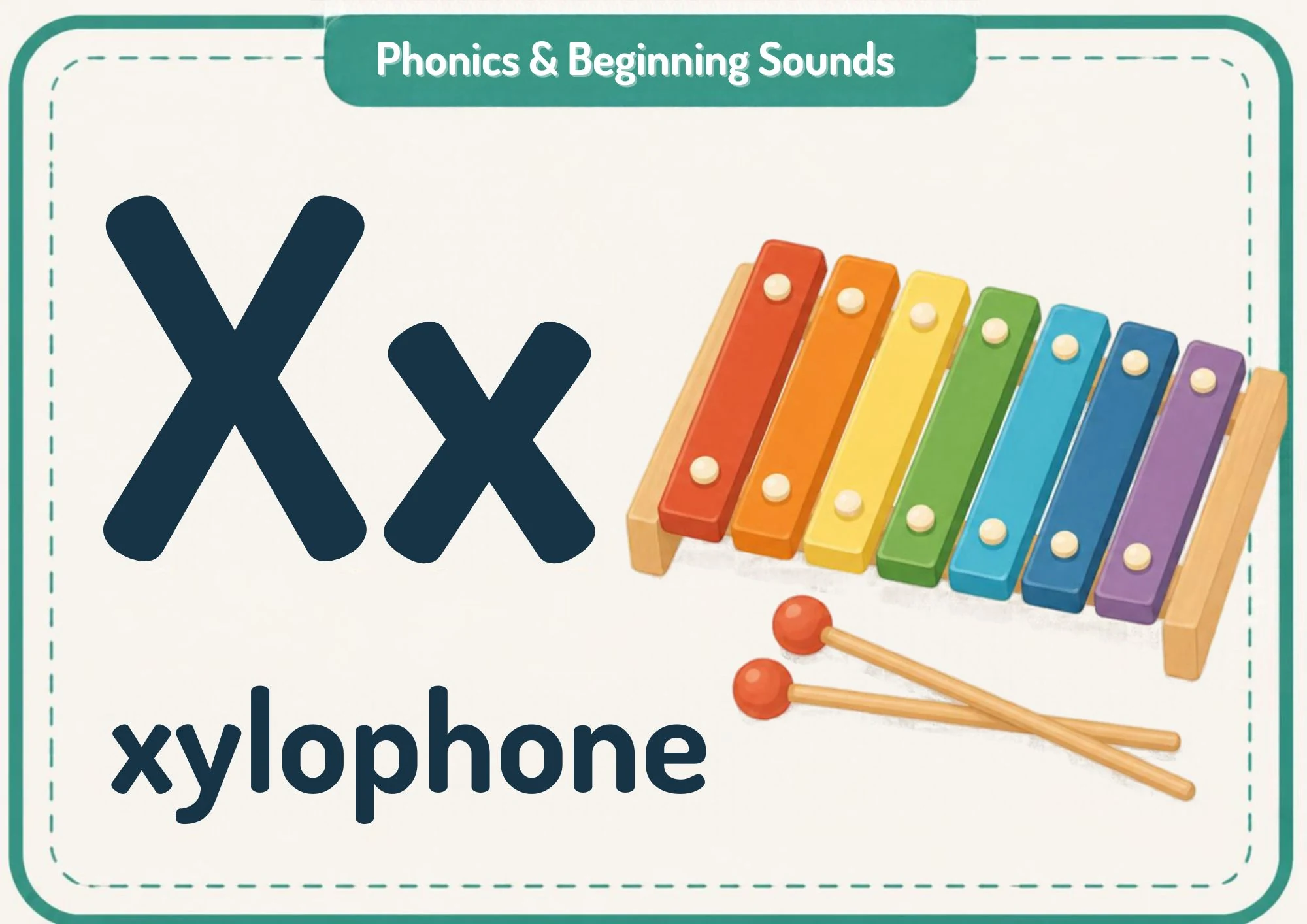 A phonics flashcard with the big letters Xx, the word "xylophone" and a rainbow toy xylophone with two mallets.