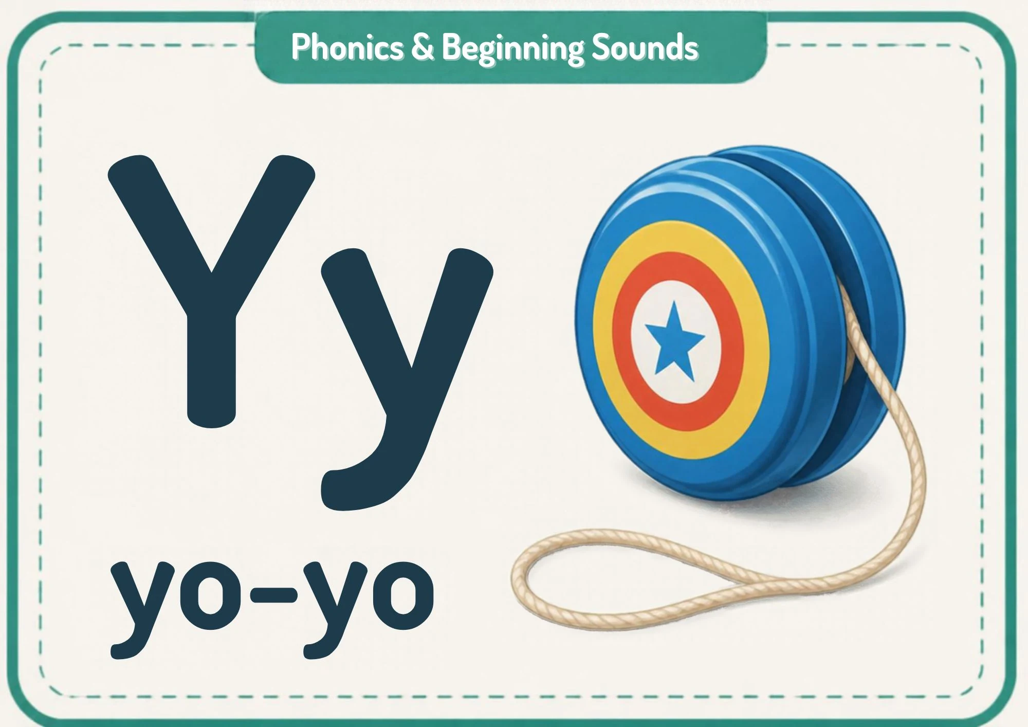 A phonics flashcard with the big letters Yy, the word "yo-yo" and a blue yo-yo with a star and a string.