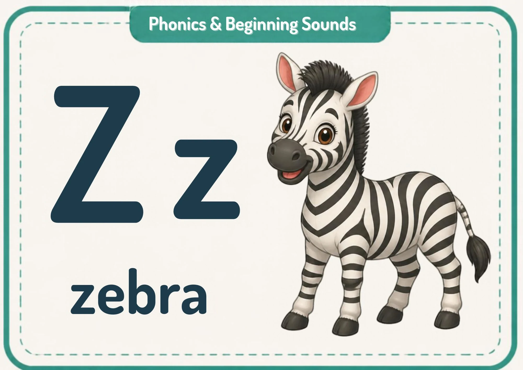 A phonics flashcard with the big letters Zz, the word "zebra" and a black-and-white striped zebra.