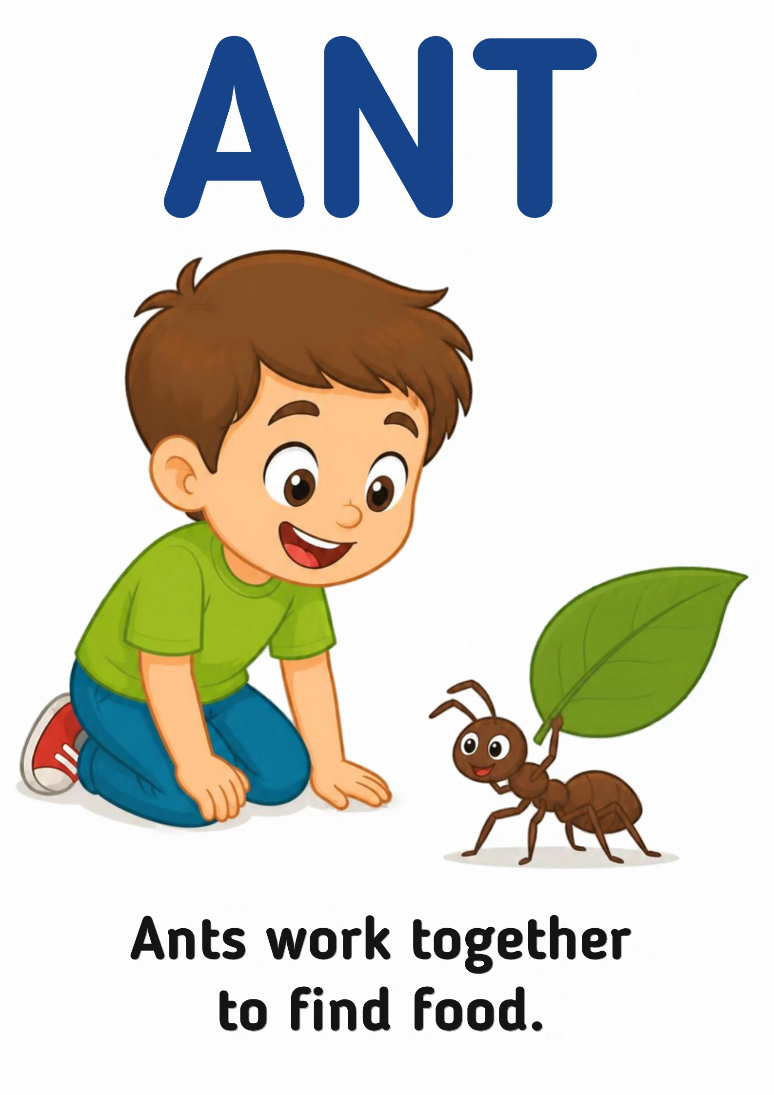 A science flashcard: a child watching an ant carry a leaf, with the fact that ants work together to find food.