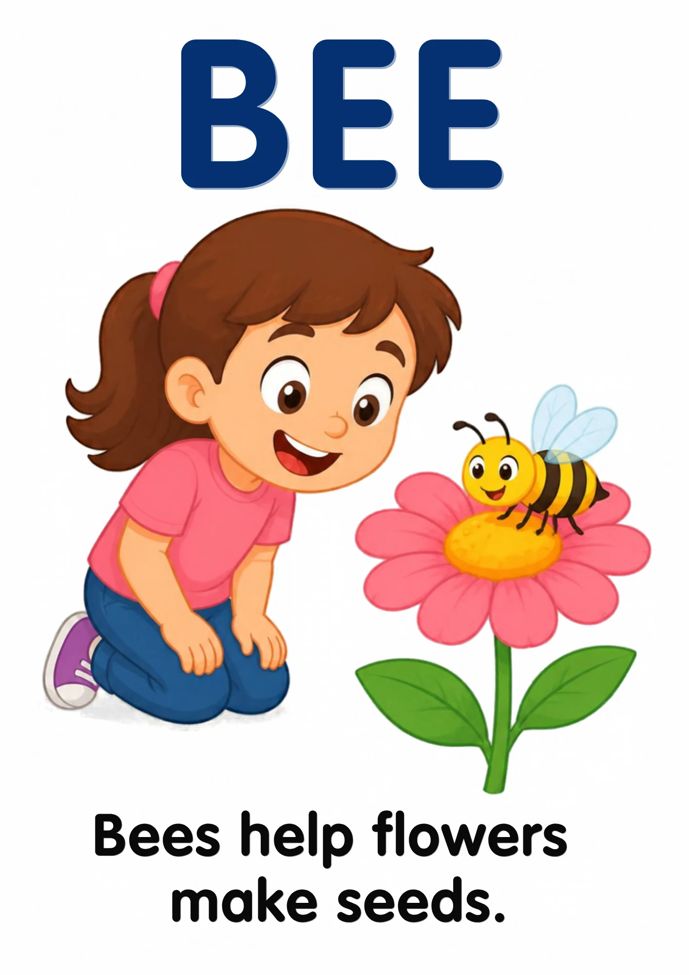 A science flashcard: a child watching a bee visit a flower, with the fact that bees help flowers make seeds.