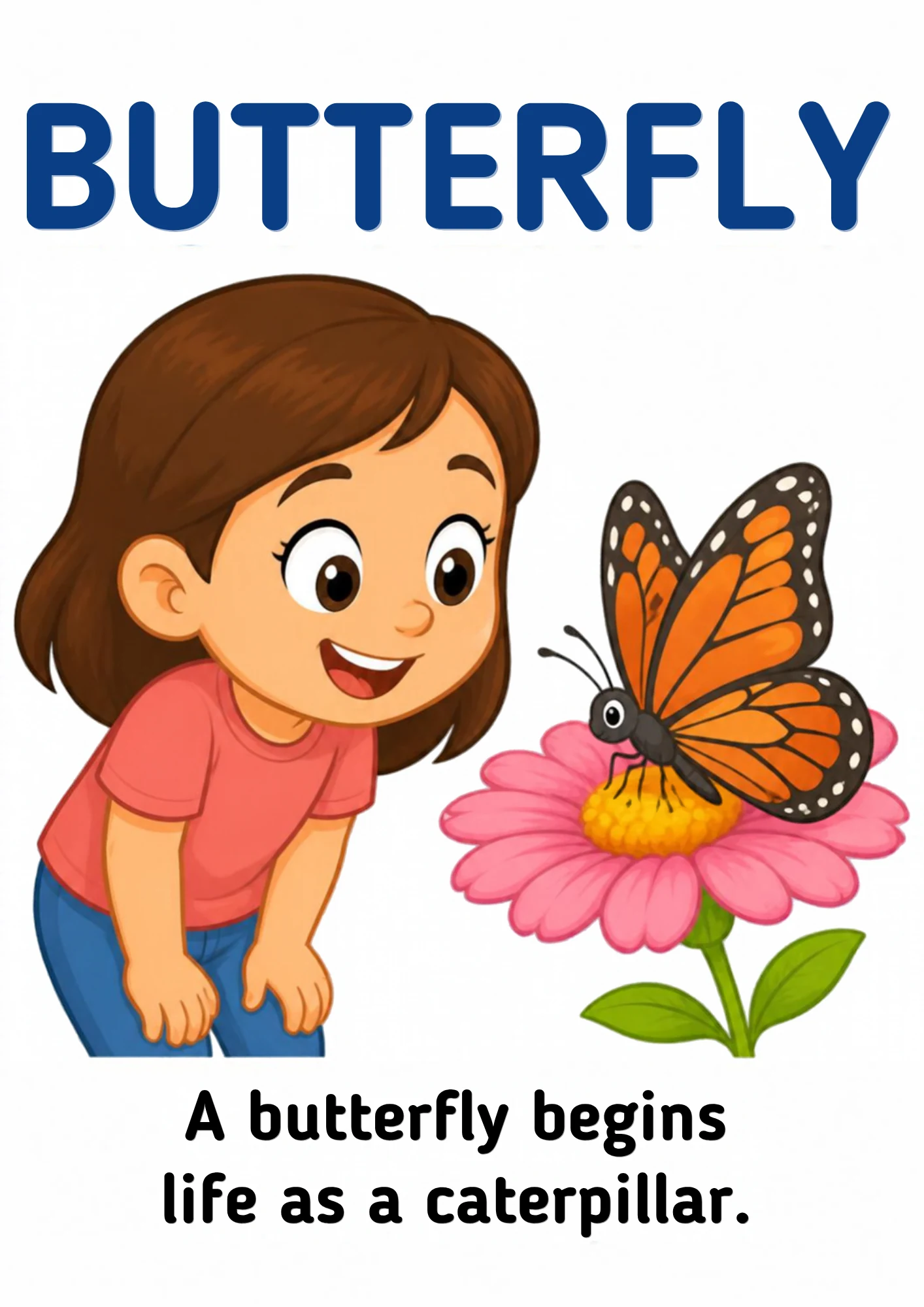 A science flashcard: a child watching a butterfly resting beside a leaf with a caterpillar, with the fact that a butterfly begins life as a caterpillar.