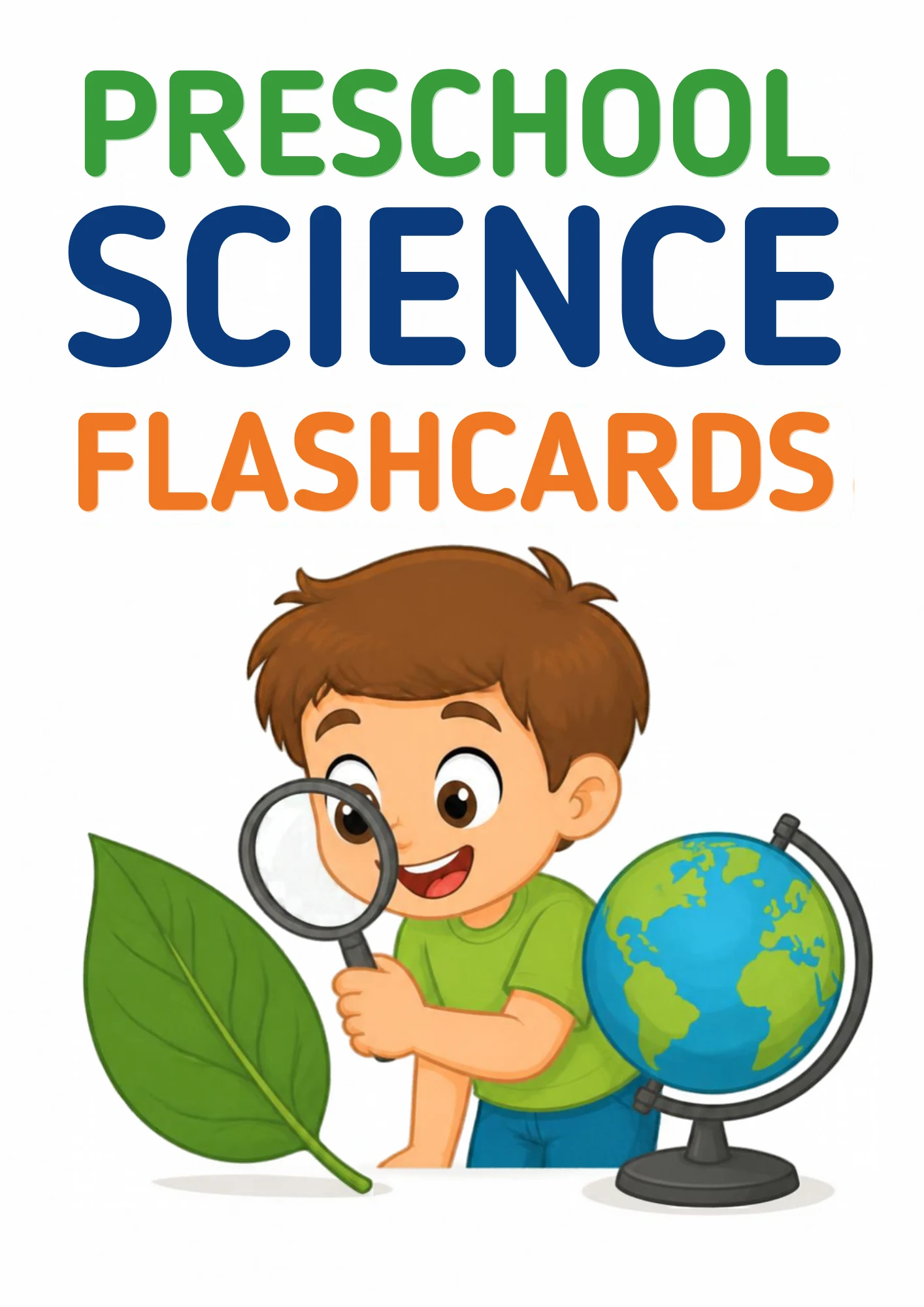 Cover of the Science, Nature & Discovery flashcard set: the title over a child holding a magnifying glass beside a leaf and a globe.