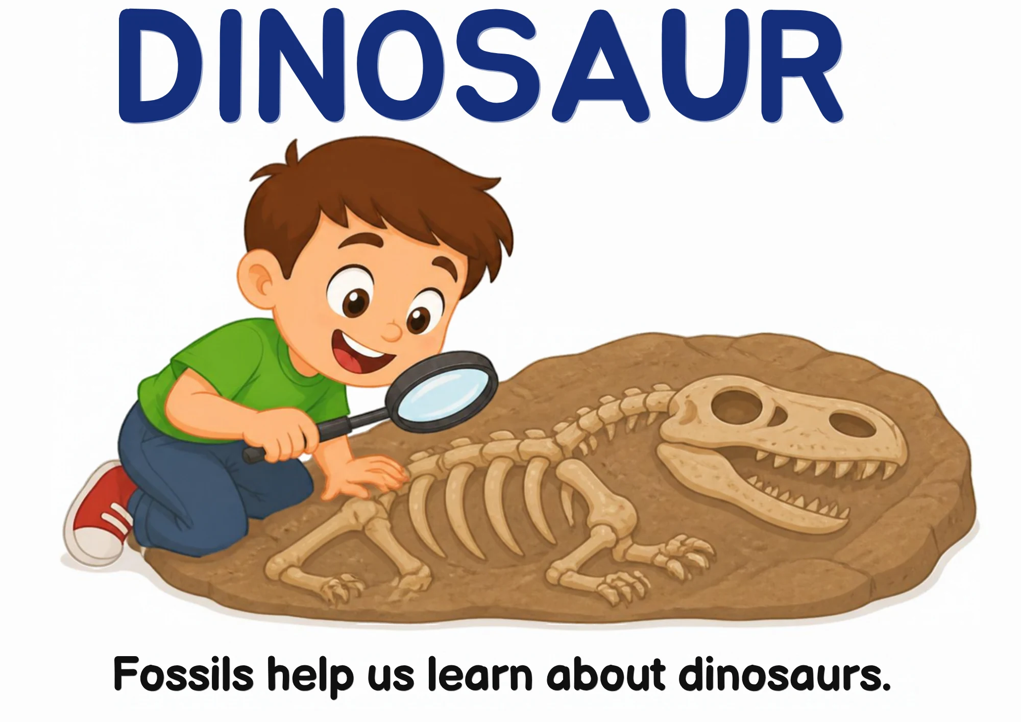 A science flashcard: a child brushing dirt off a buried dinosaur skeleton, with the fact that fossils help us learn about dinosaurs.