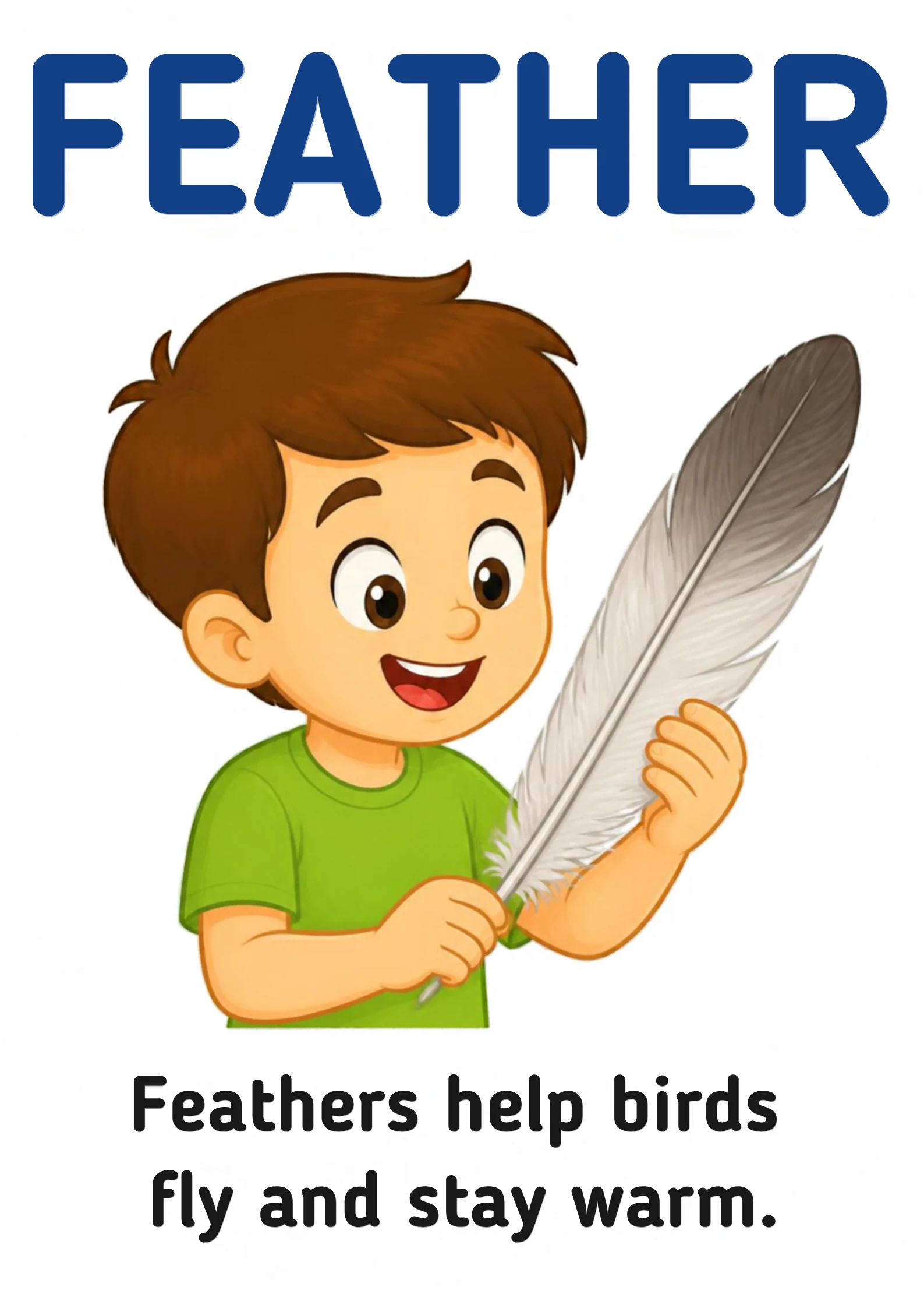 A science flashcard: a child holding a soft grey feather, with the fact that feathers help birds fly and stay warm.