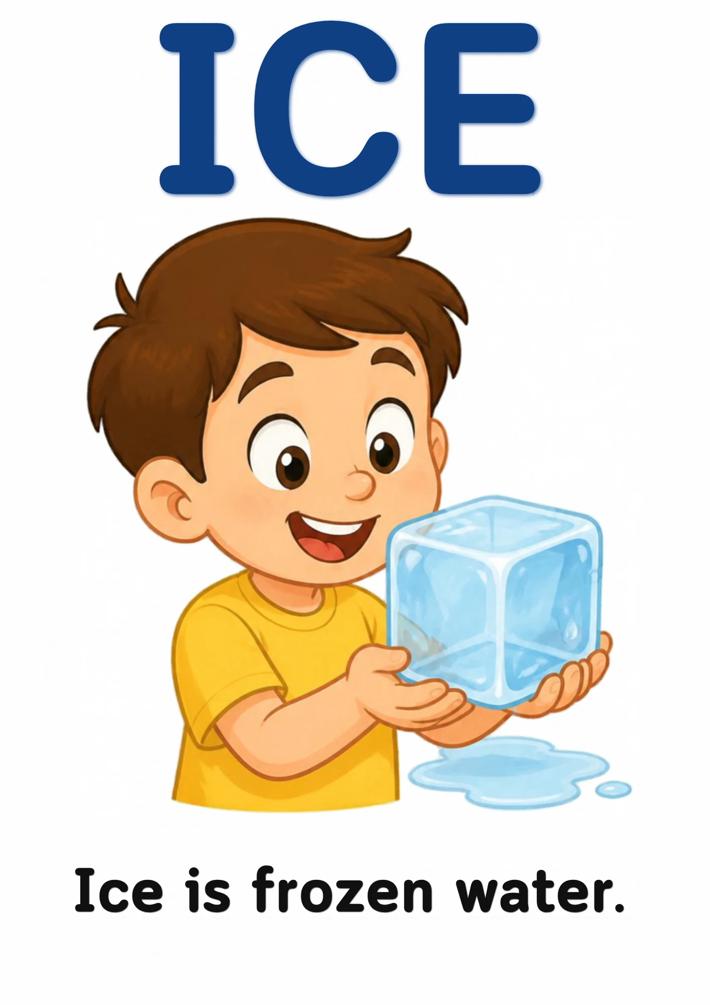 A science flashcard: a child holding a cold ice cube, with the fact that ice is frozen water.