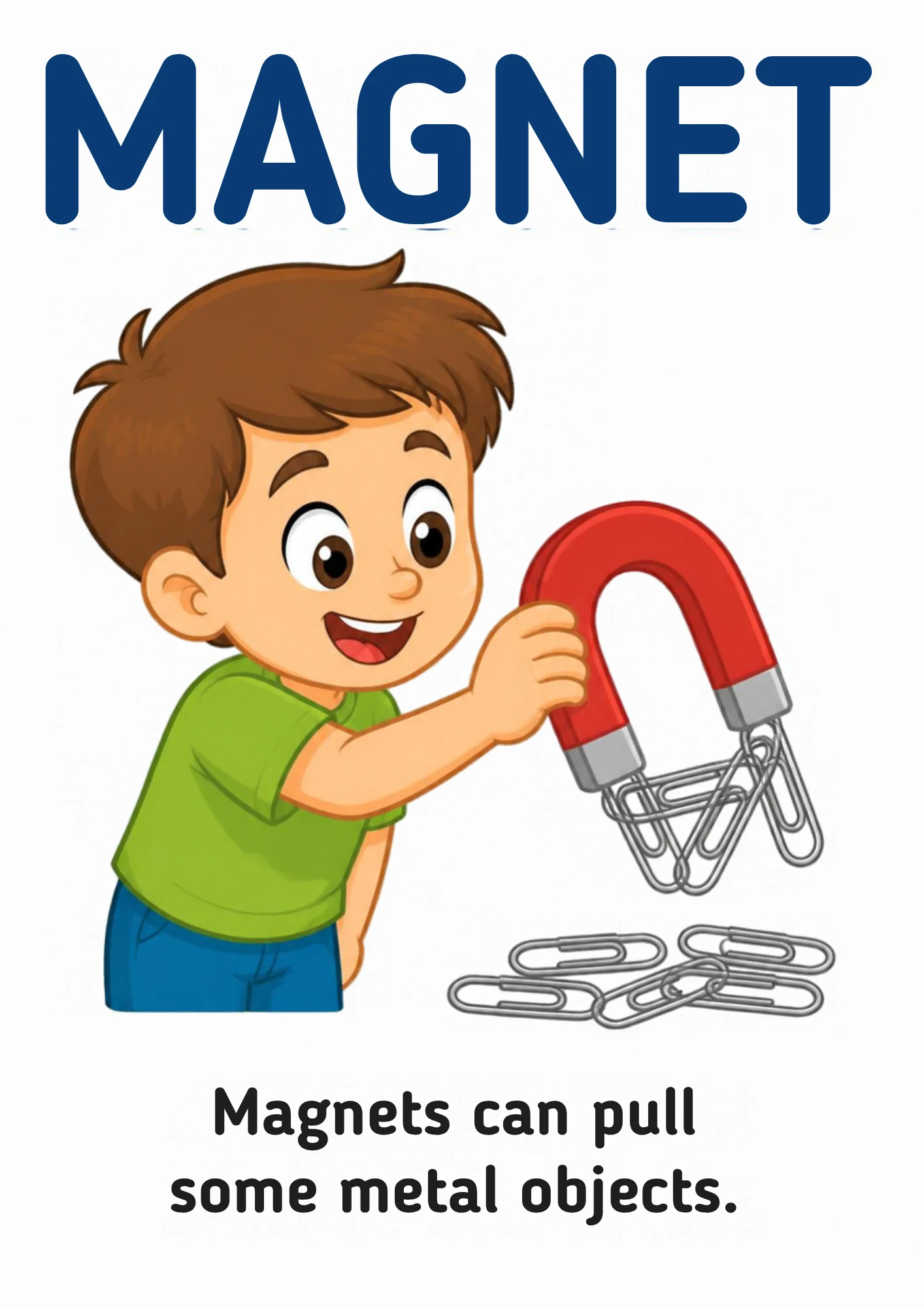 A science flashcard: a child holding a red horseshoe magnet near scattered paperclips, with the fact that magnets can pull some metal objects.