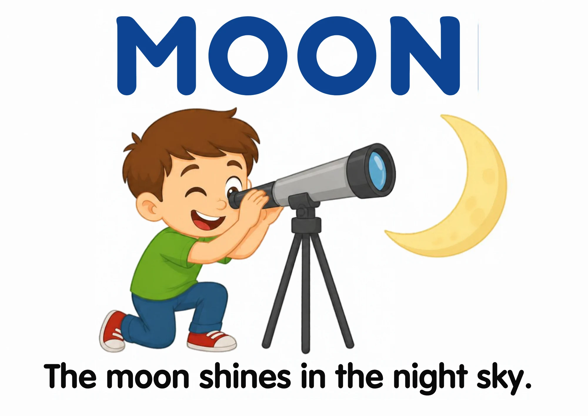 A science flashcard: a child looking at the moon through a telescope, with the fact that the moon shines in the night sky.