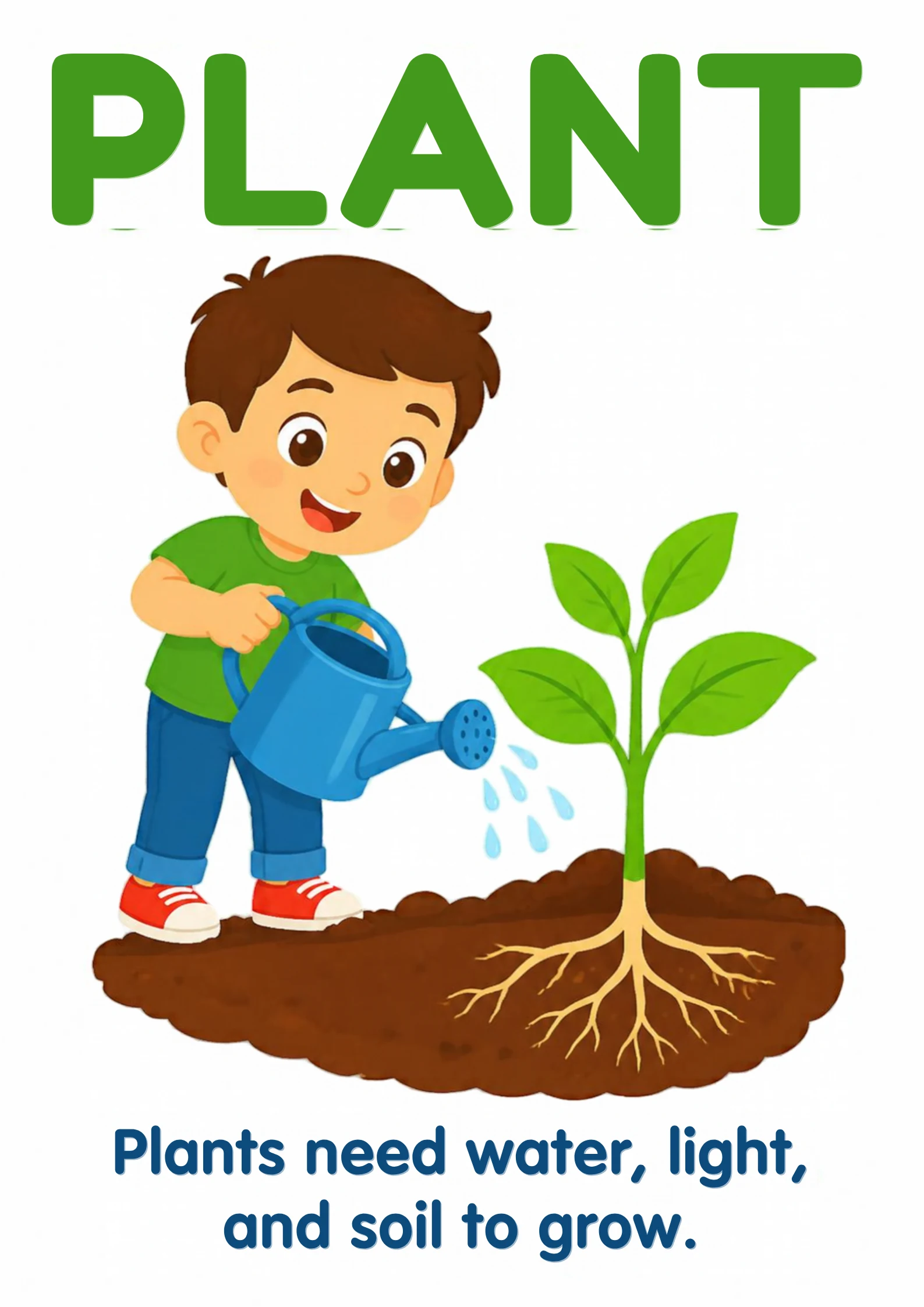 A science flashcard: a child watering a young seedling rooted in soil, with the fact that plants need water, light and soil to grow.