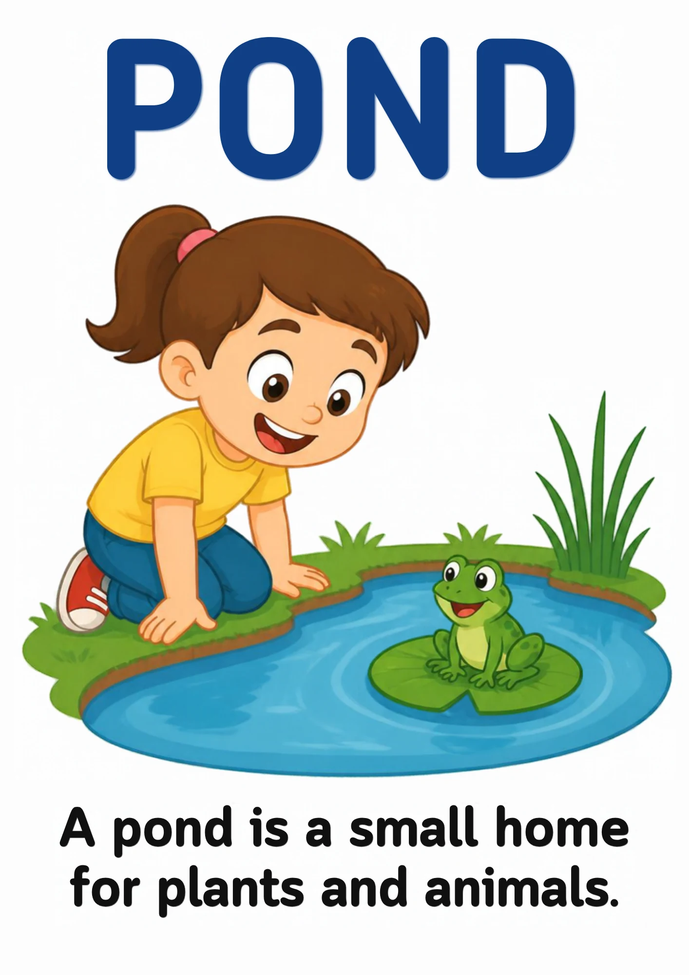 A science flashcard: a child leaning over a pond with a frog on a lily pad, with the fact that a pond is a small home for plants and animals.