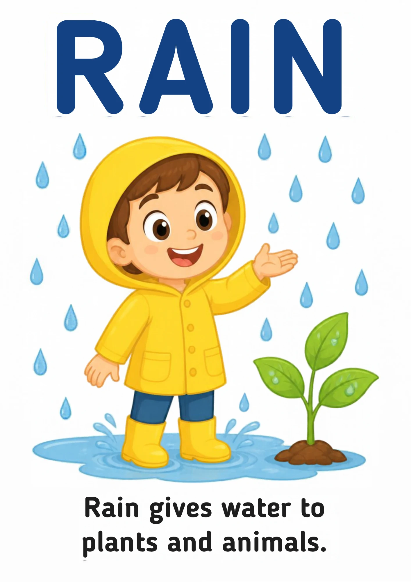 A science flashcard: a child in a raincoat beside a seedling getting rain, with the fact that rain gives water to plants and animals.