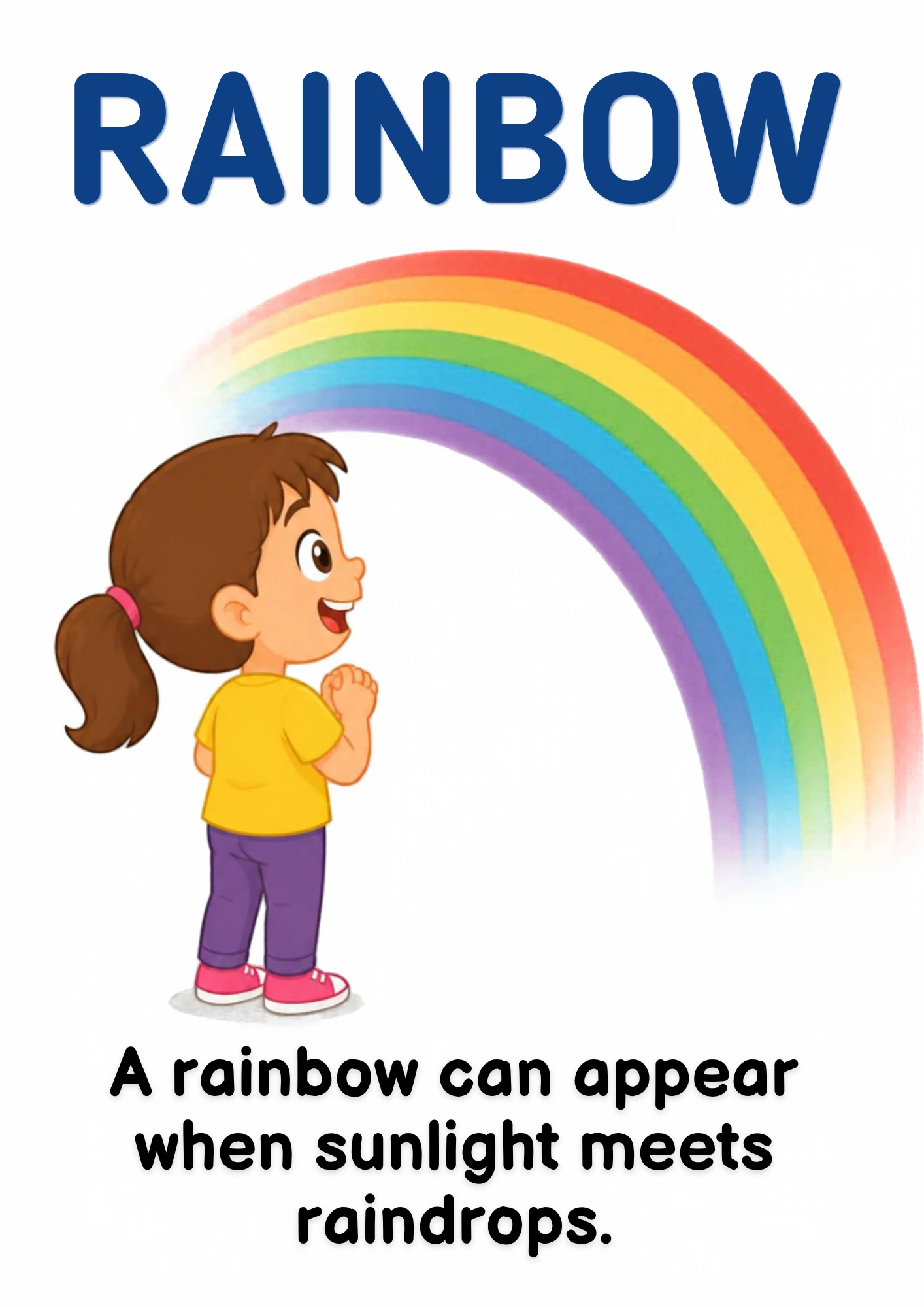 A science flashcard: a child looking up at a rainbow, with the fact that a rainbow can appear when sunlight meets raindrops.