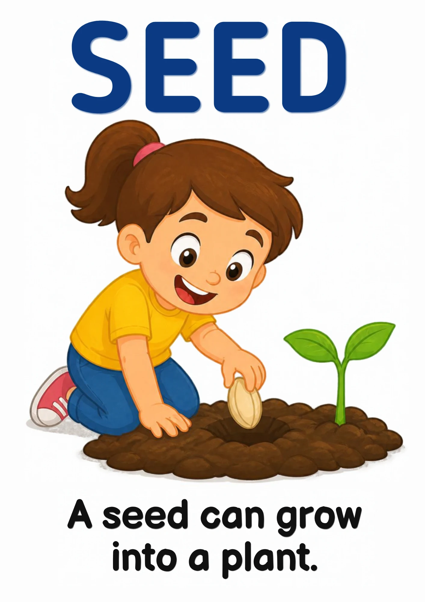 A science flashcard: a child planting a seed in dark soil beside a green sprout, with the fact that a seed can grow into a plant.