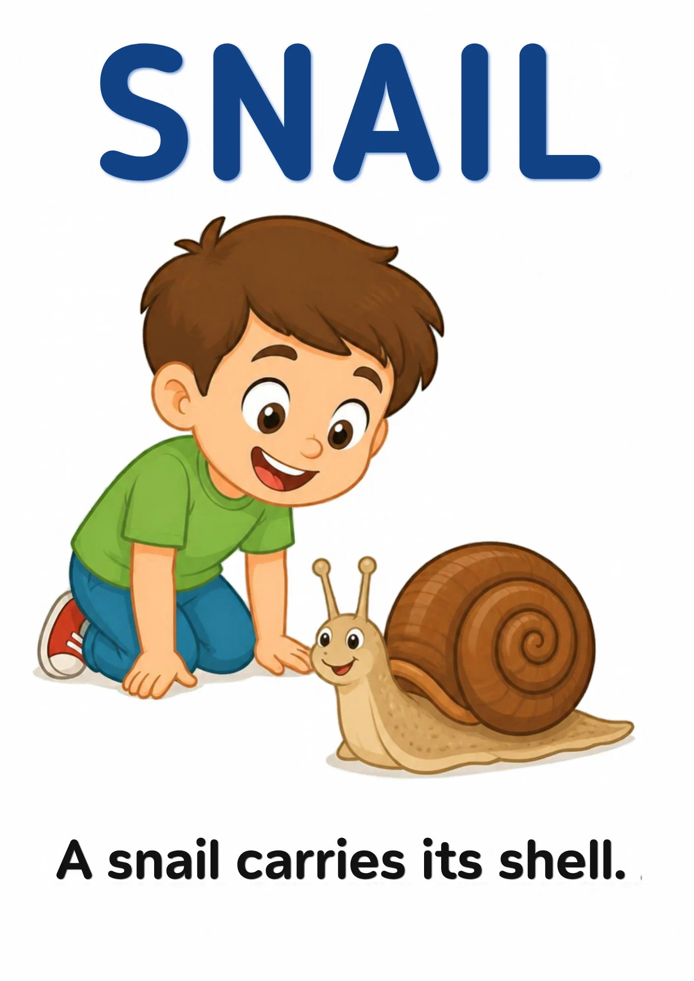 A science flashcard: a child watching a snail with its spiral shell, with the fact that a snail carries its shell.