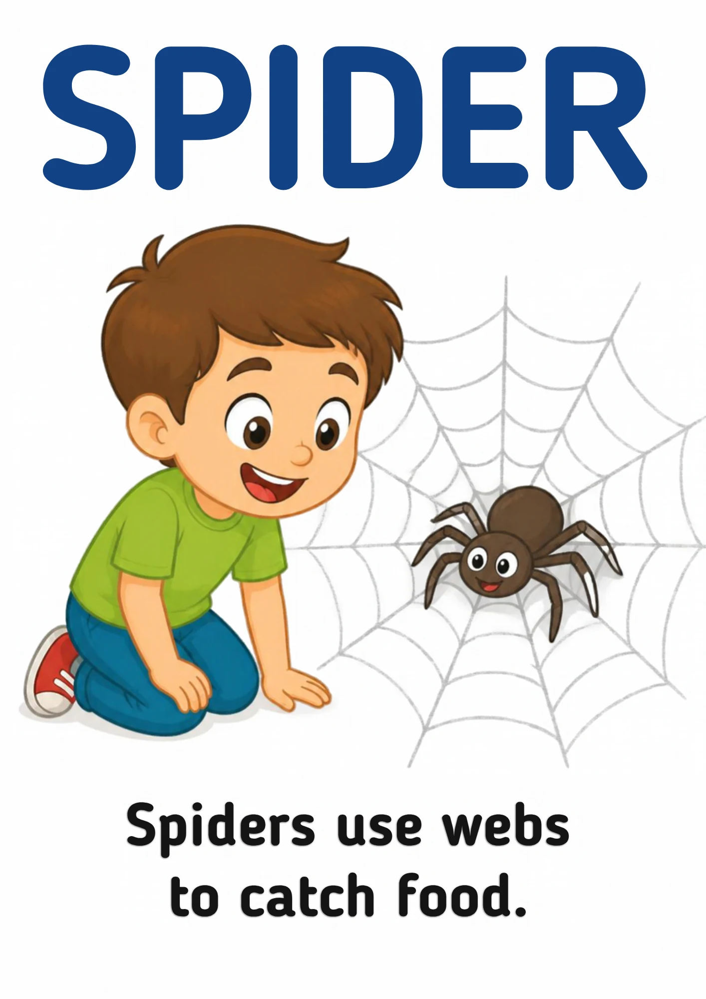 A science flashcard: a child looking at a spider on its web, with the fact that spiders use webs to catch food.
