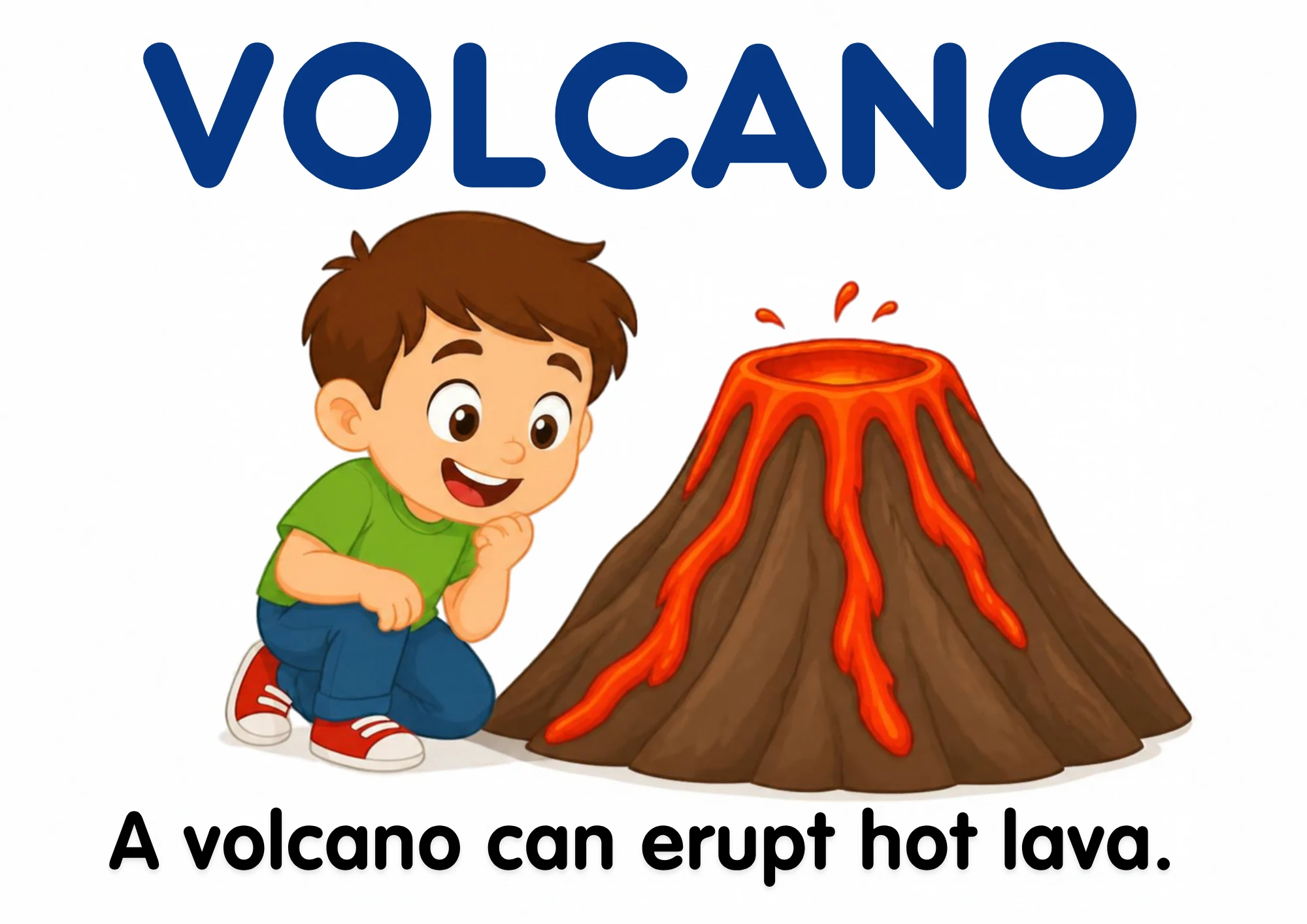 A science flashcard: a child watching a volcano erupt with red lava, with the fact that a volcano can erupt hot lava.