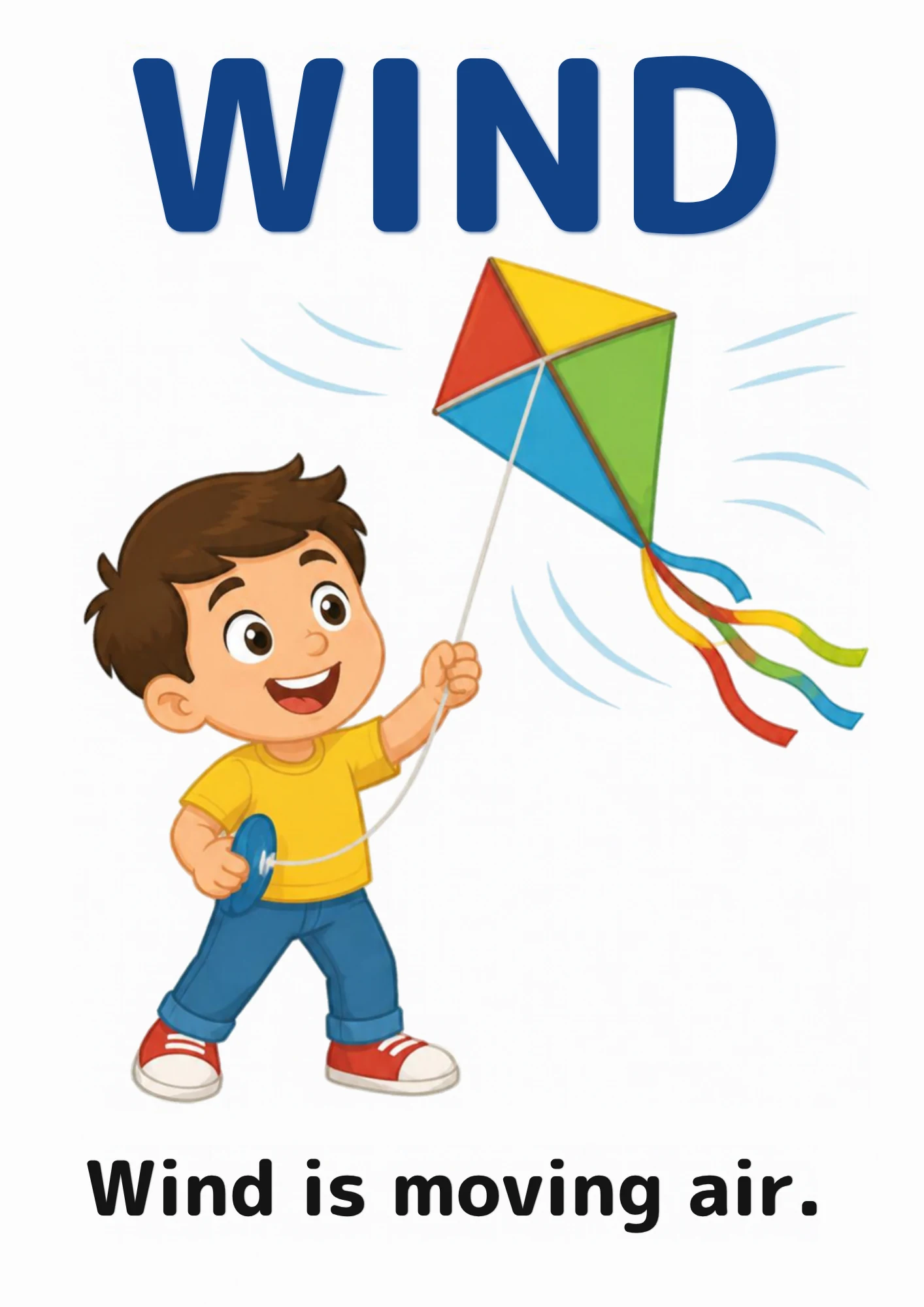 A science flashcard: a child holding a kite that the wind lifts, with the fact that wind is moving air.