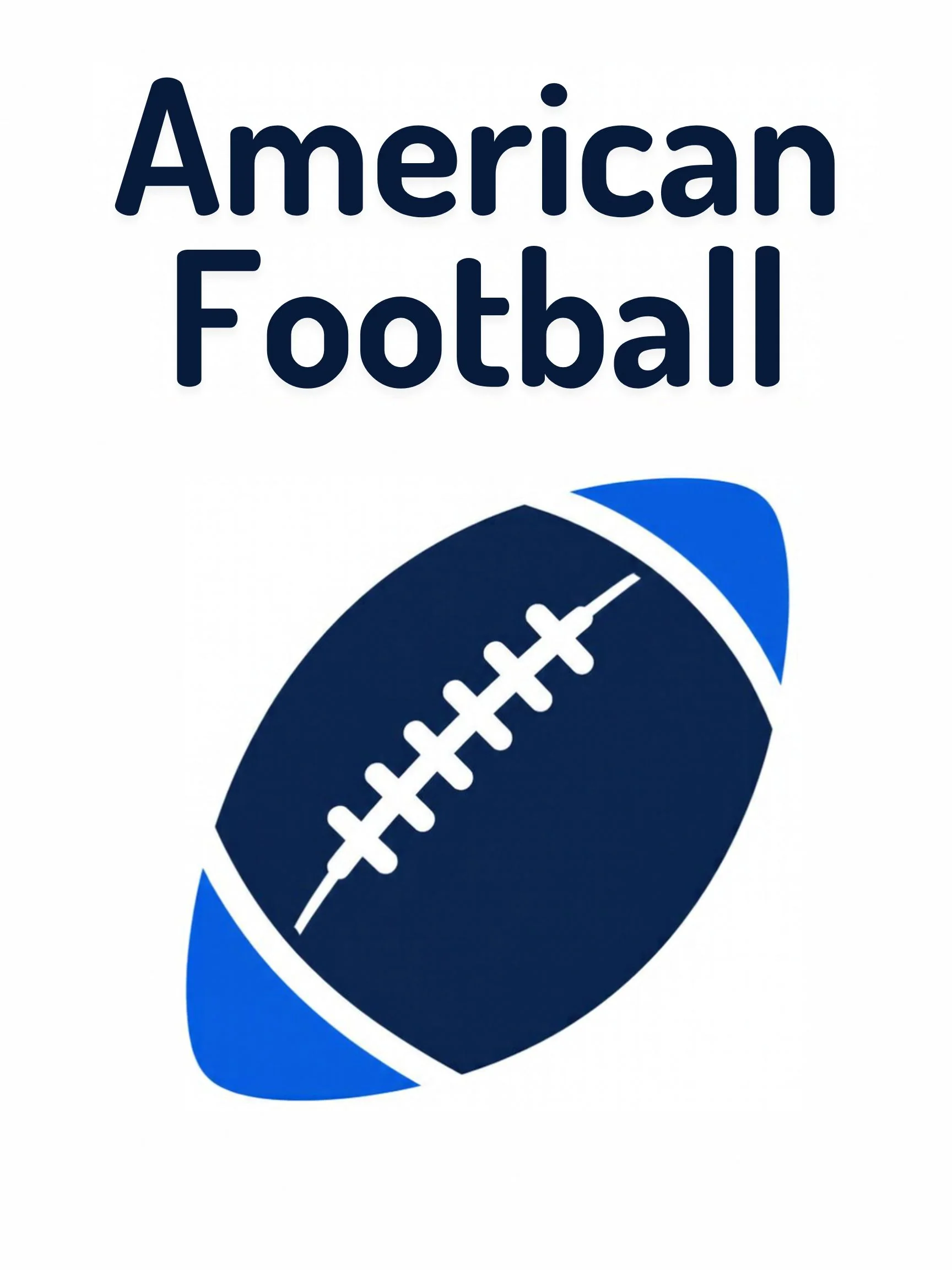 A sports flashcard titled American Football: the words "american football" over a scene with the brown oval ball and yard lines.