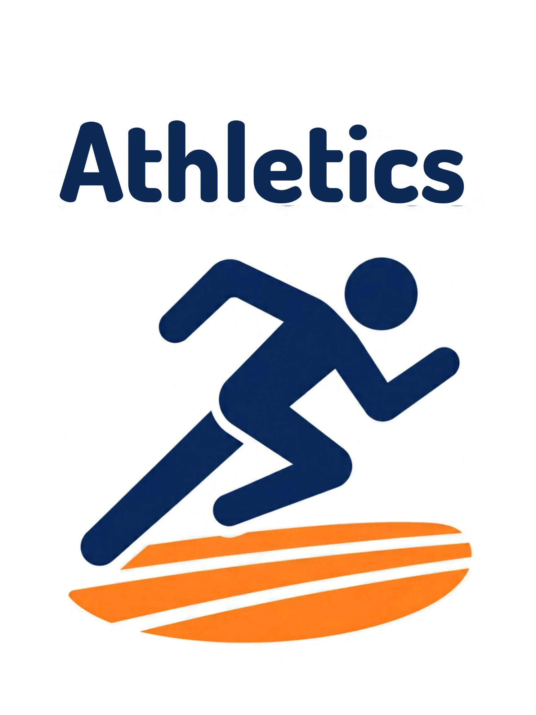 A sports flashcard titled Athletics: the word "athletics" over a running-track scene with a child sprinting between lane lines.