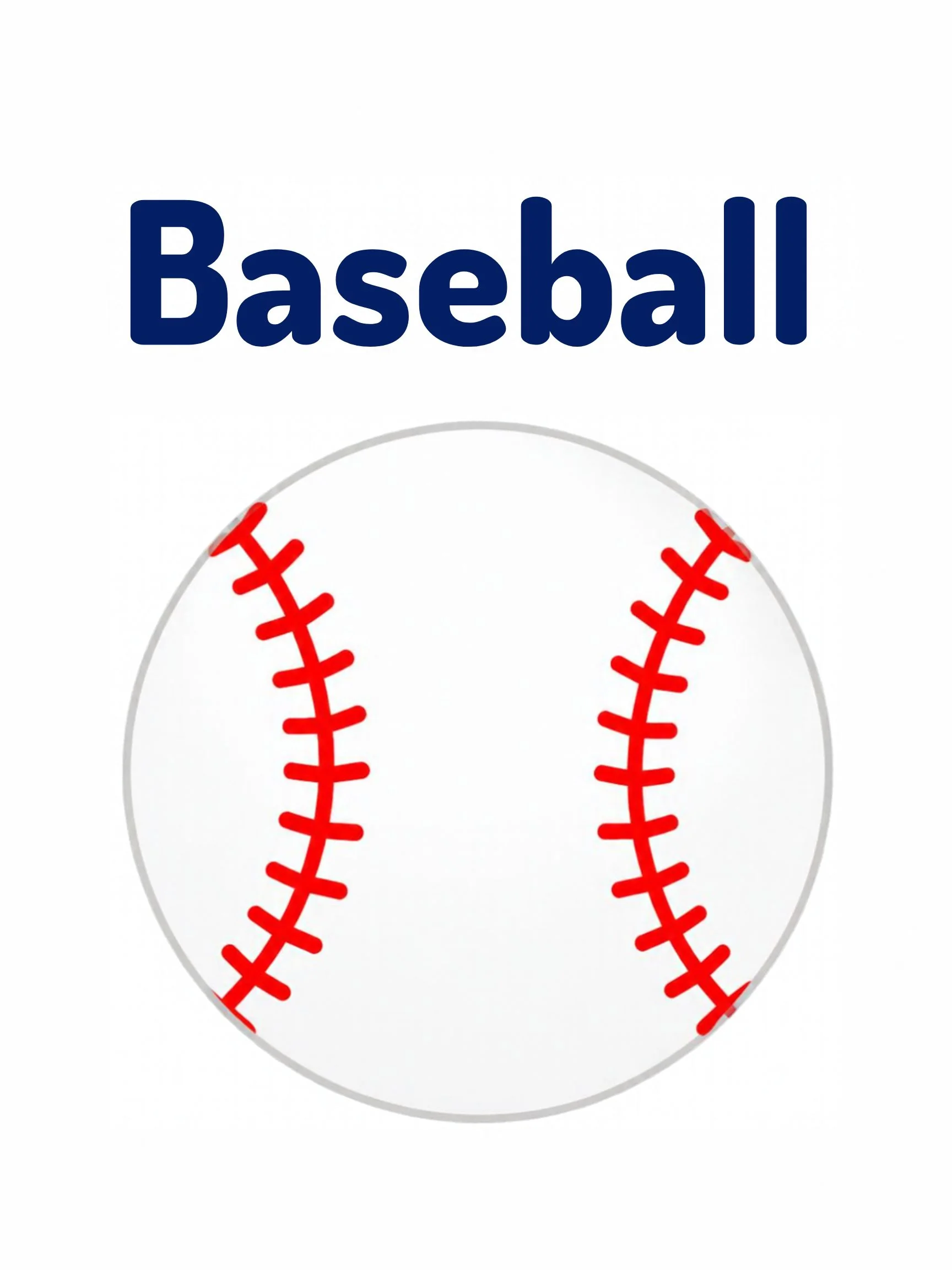 A sports flashcard titled Baseball: the word "baseball" over a baseball scene with a bat, a glove and a ball.