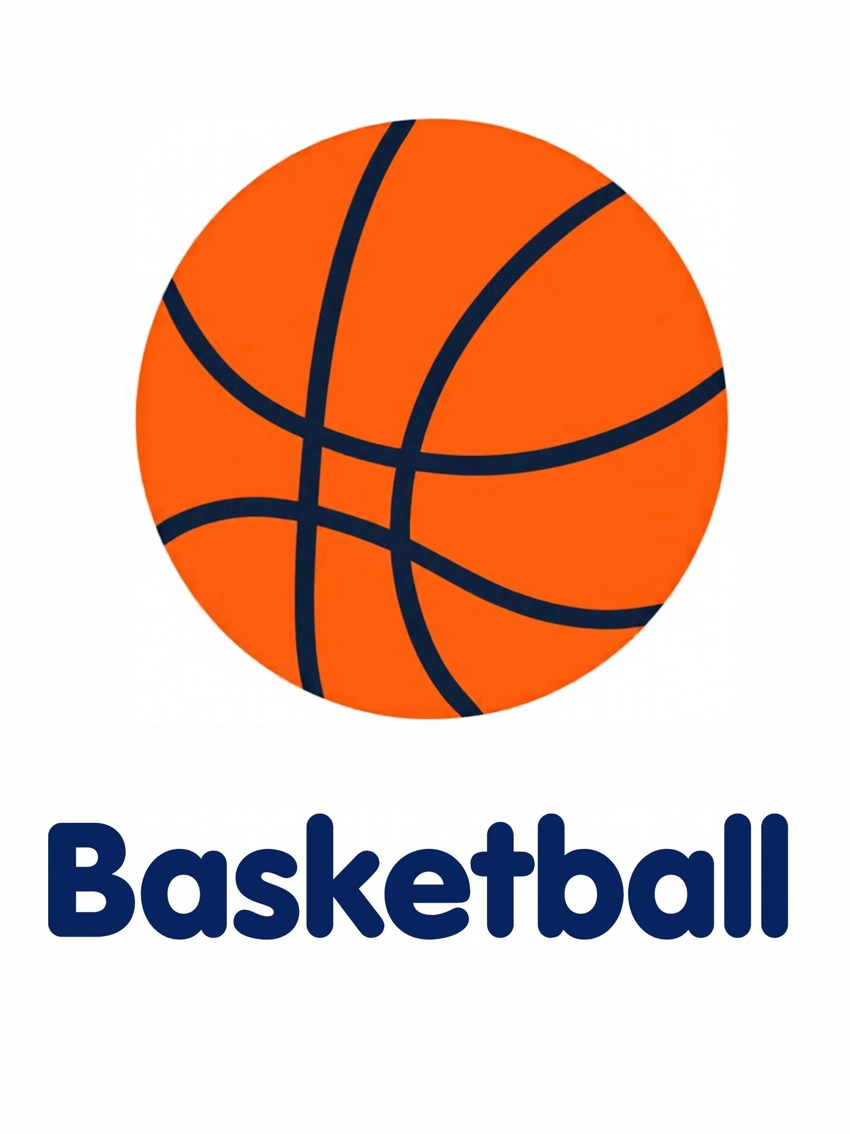 A sports flashcard titled Basketball: the word "basketball" over a basketball scene with a hoop and a bouncing ball.