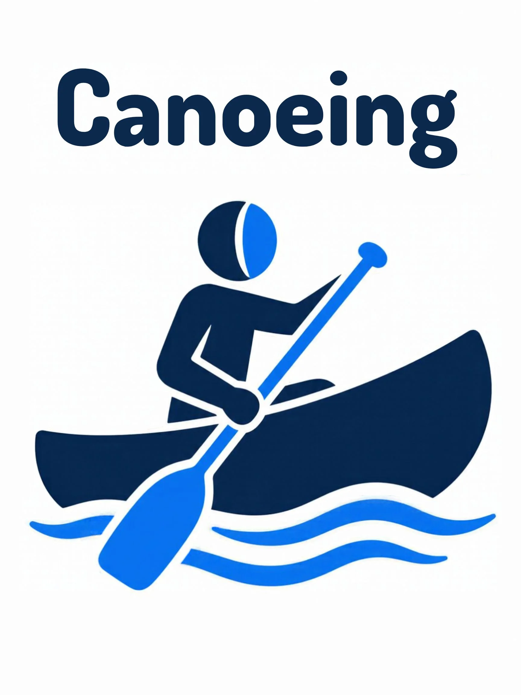 A sports flashcard titled Canoeing: the word "canoeing" over a canoeing scene with a paddler kneeling in an open canoe.