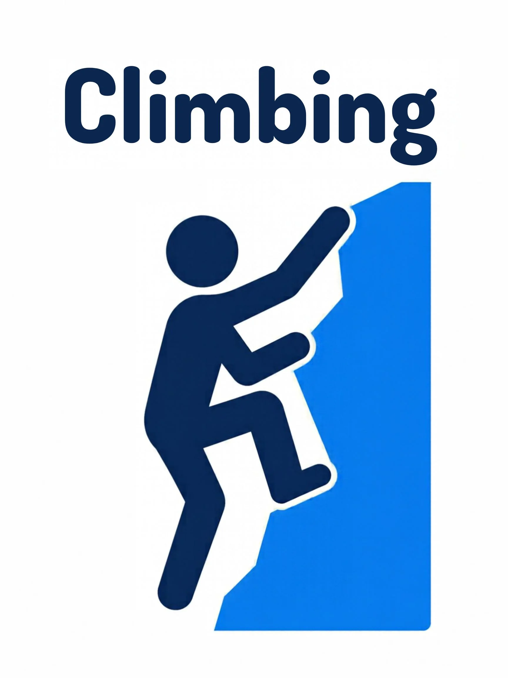 A sports flashcard titled Climbing: the word "climbing" over a climbing scene with a child going up colorful hand-holds on a wall.