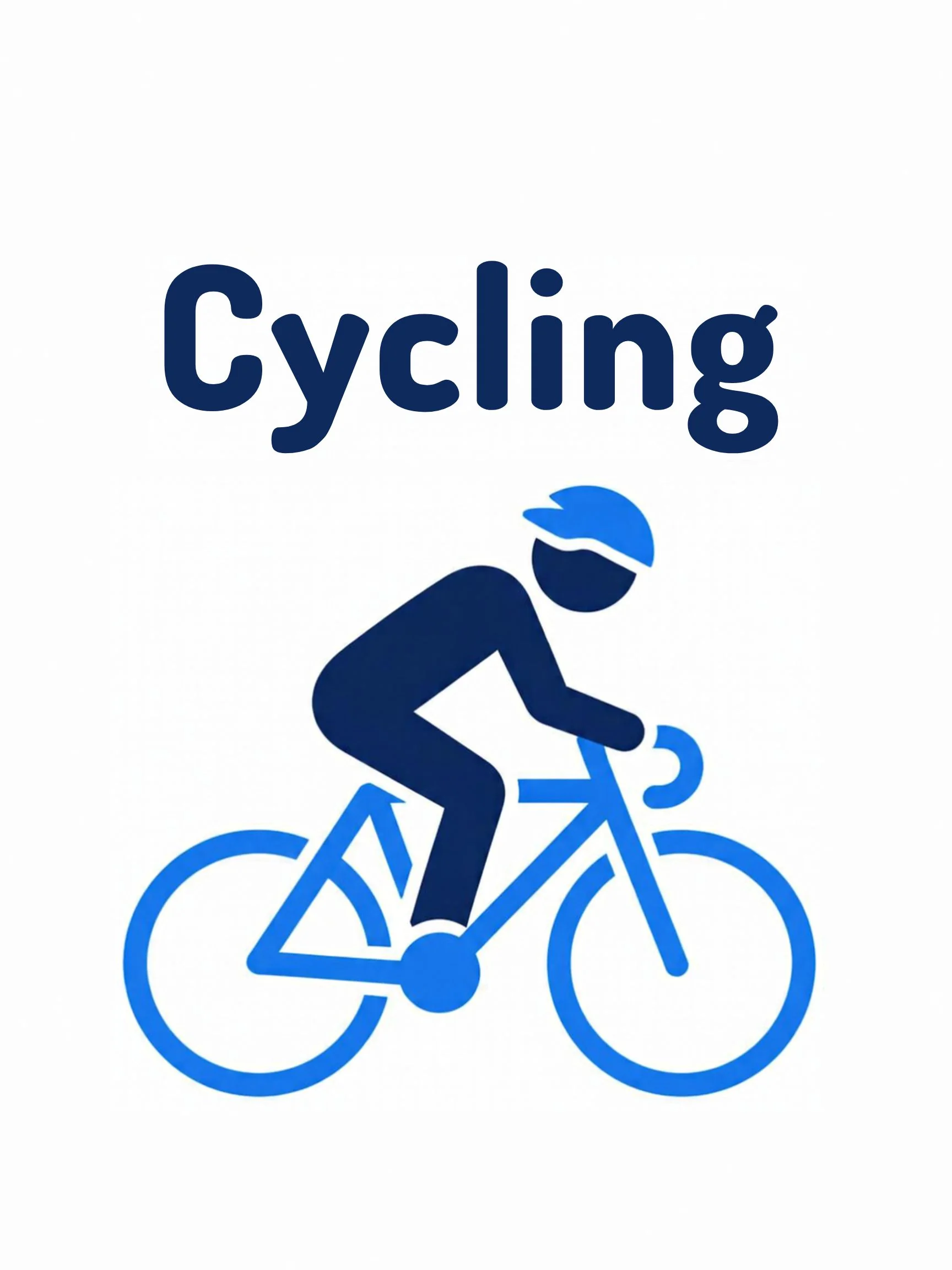 A sports flashcard titled Cycling: the word "cycling" over a cycling scene with a child pedalling a bicycle in a helmet.