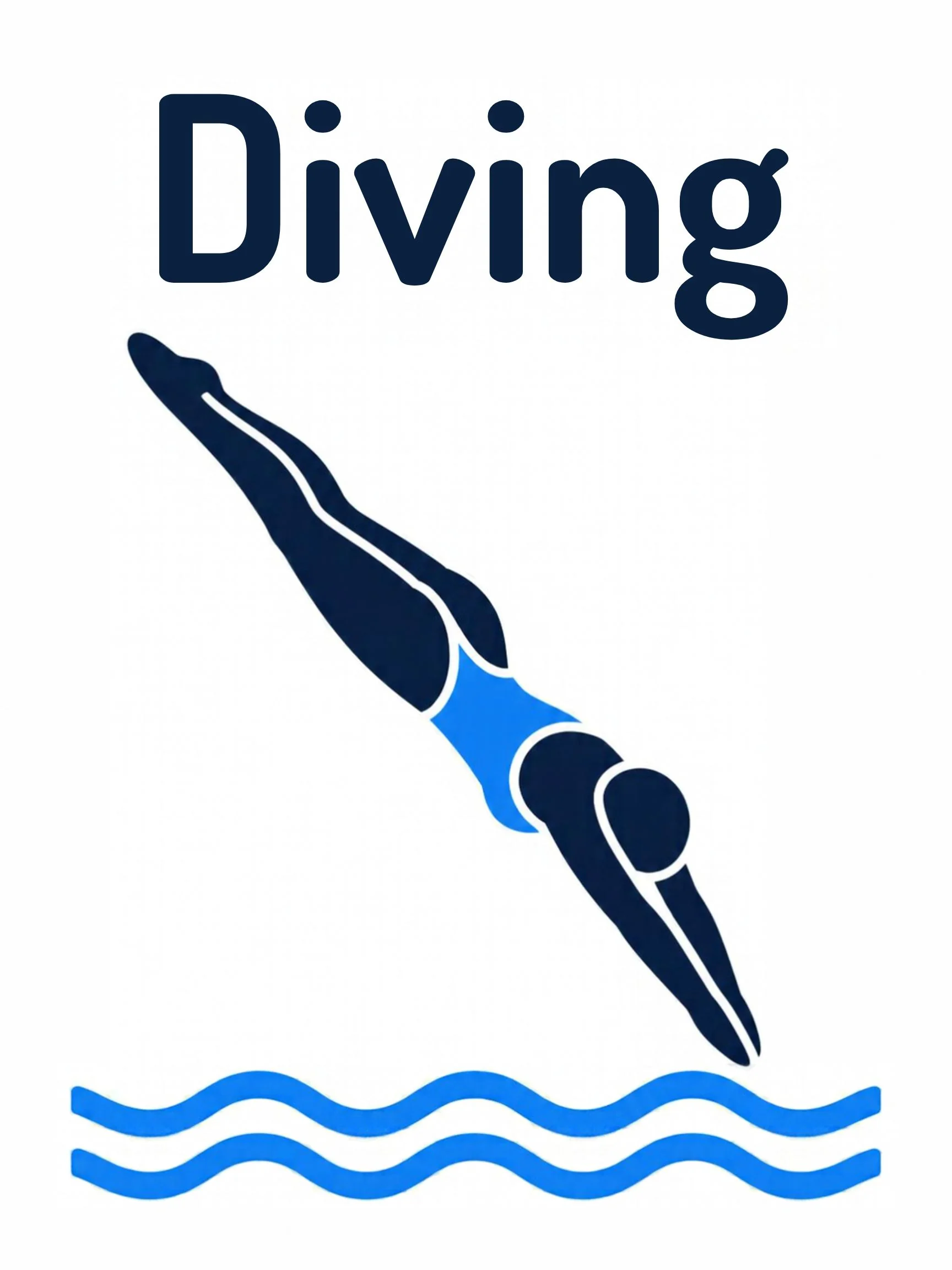 A sports flashcard titled Diving: the word "diving" over a diving scene with a diver straight as an arrow above the water.