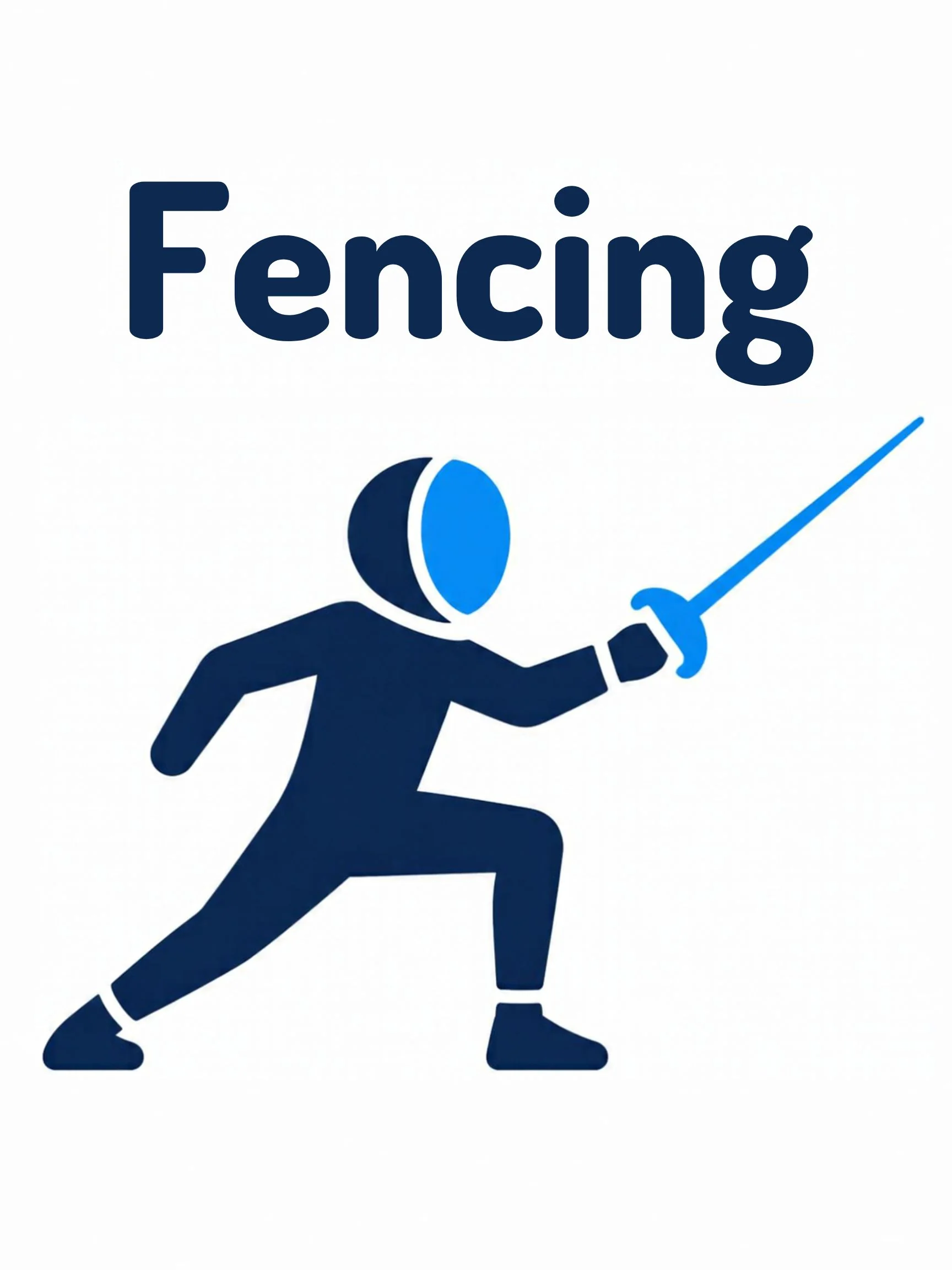 A sports flashcard titled Fencing: the word "fencing" over a fencing scene with two facers in masks crossing thin swords.
