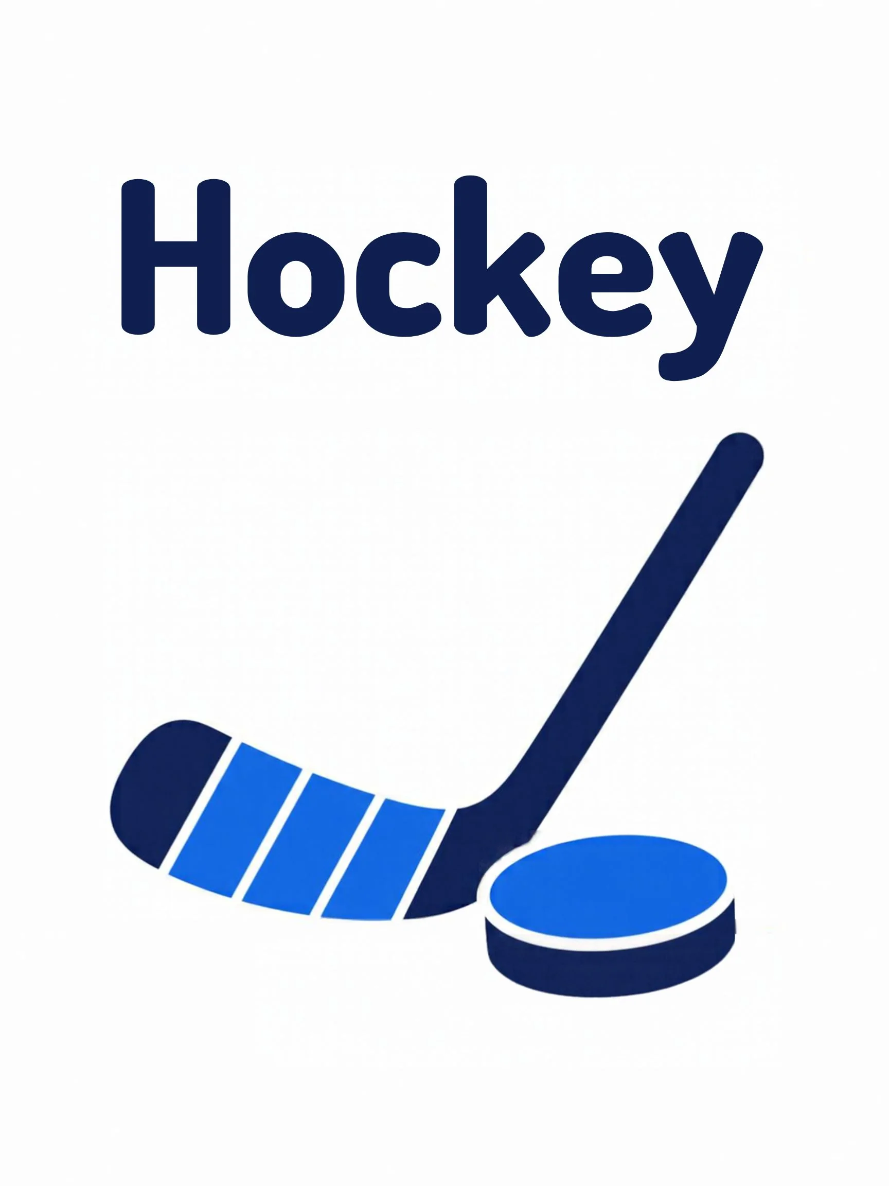 A sports flashcard titled Hockey: the word "hockey" over a hockey scene with sticks, a puck and a goal.