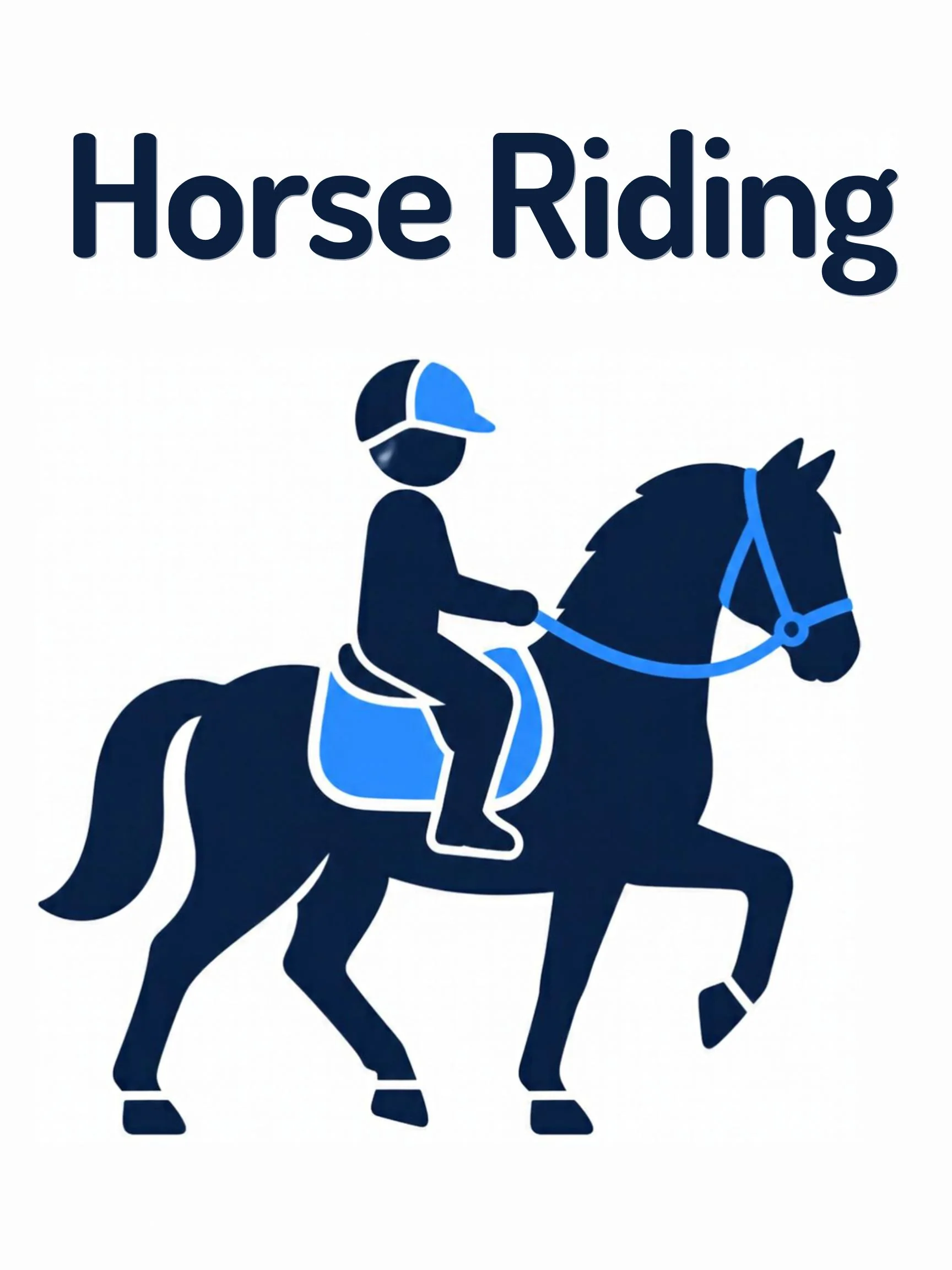 A sports flashcard titled Horse Riding: the words "horse riding" over a horse-riding scene with a rider in a helmet on a pony.