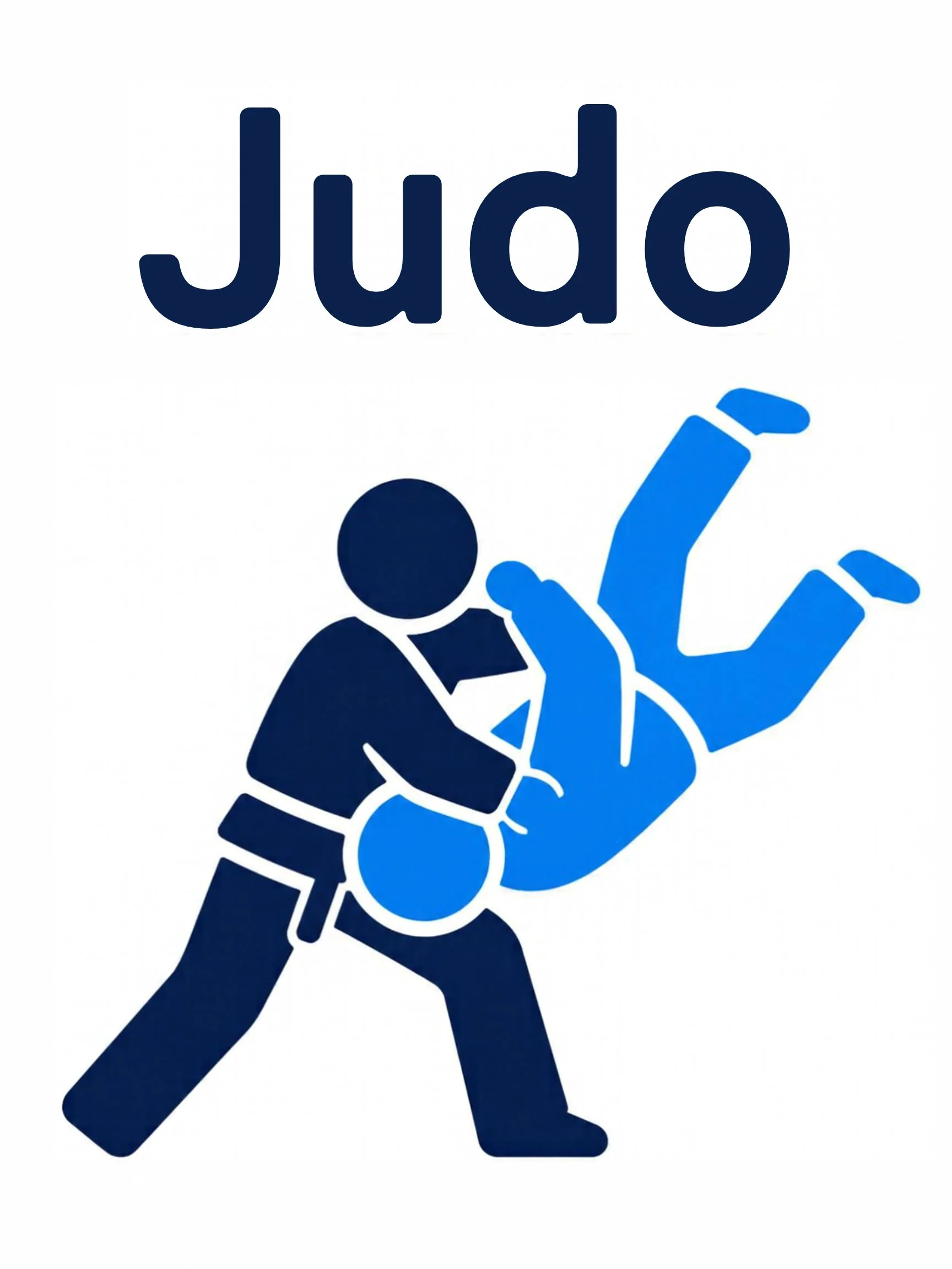 A sports flashcard titled Judo: the word "judo" over a judo scene with two partners in white suits gripping jackets on a mat.