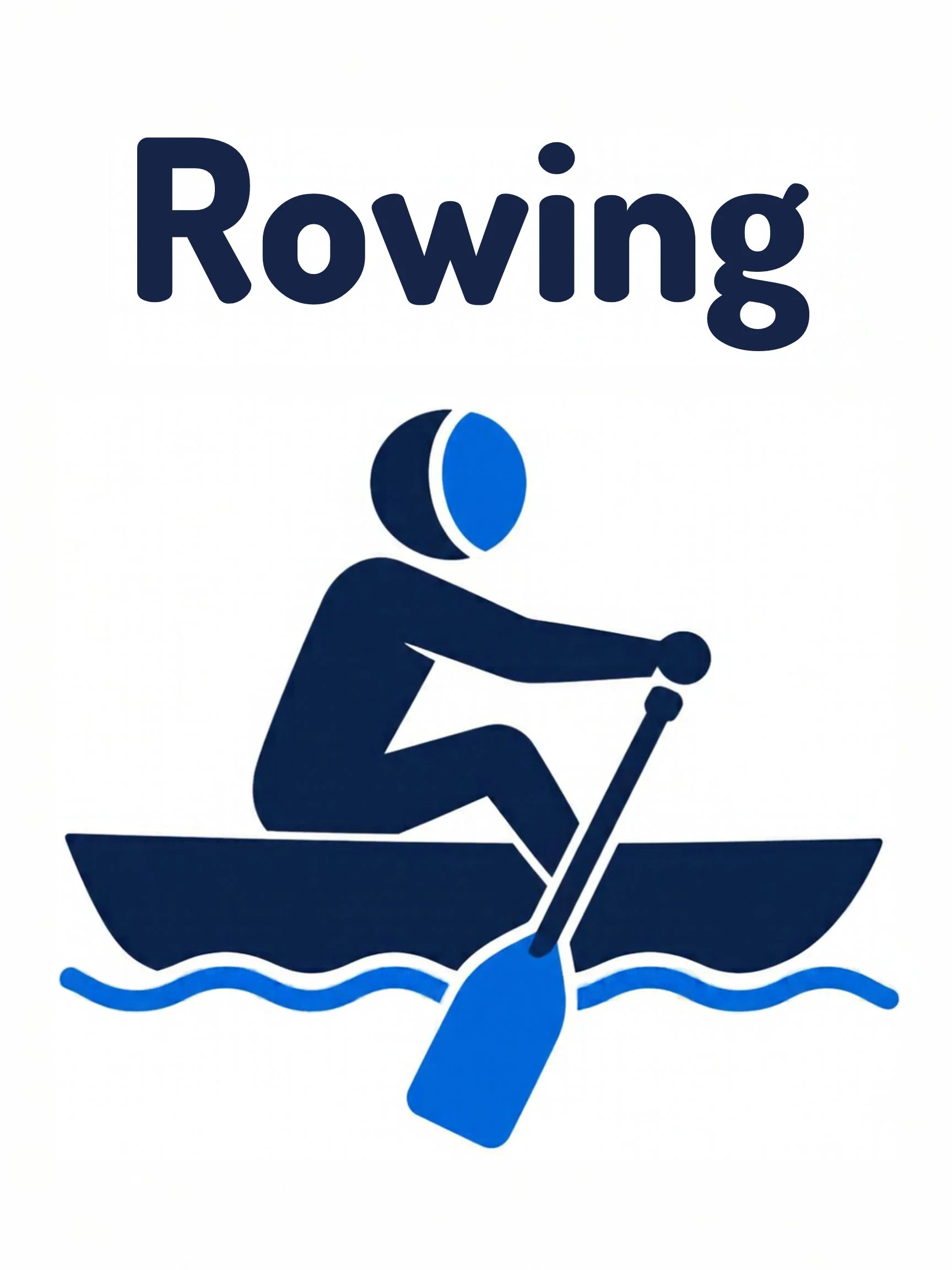 A sports flashcard titled Rowing: the word "rowing" over a rowing scene with a long thin boat and oars pulling water.