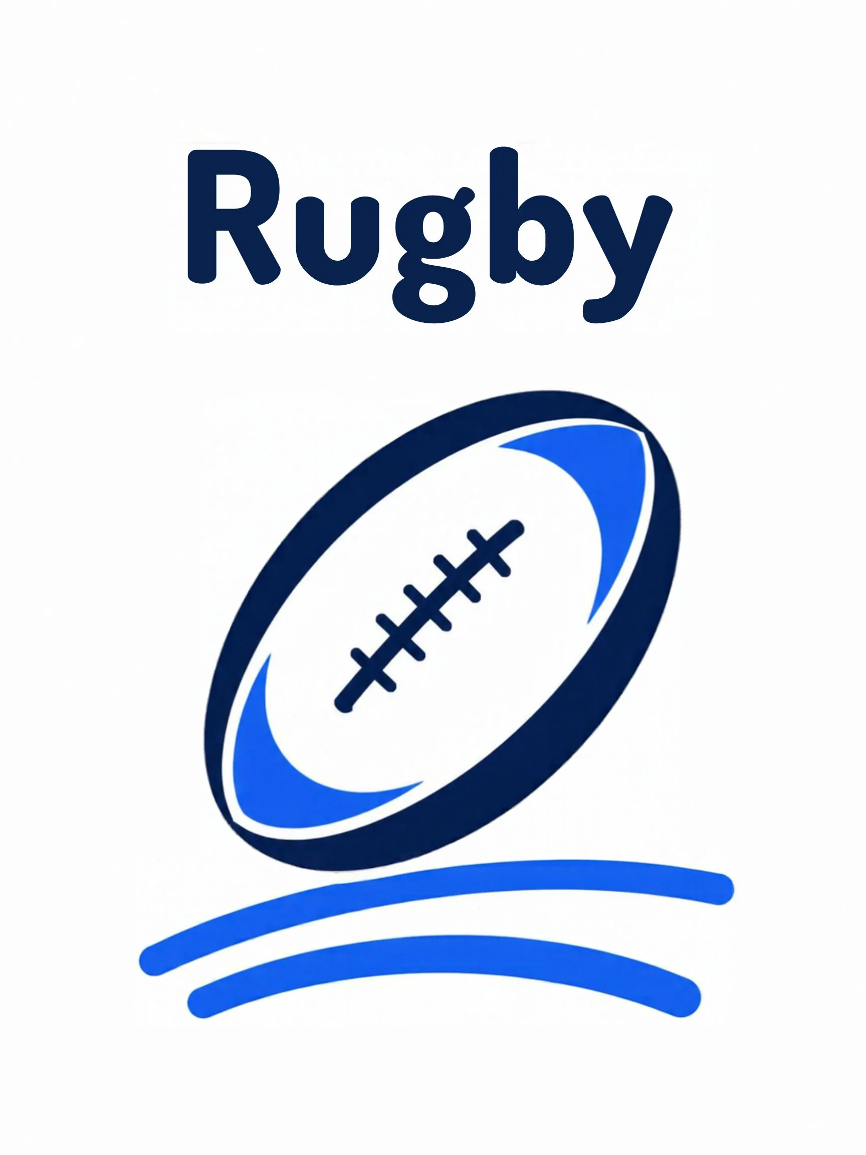 A sports flashcard titled Rugby: the word "rugby" over a rugby scene with an oval ball carried in both hands.