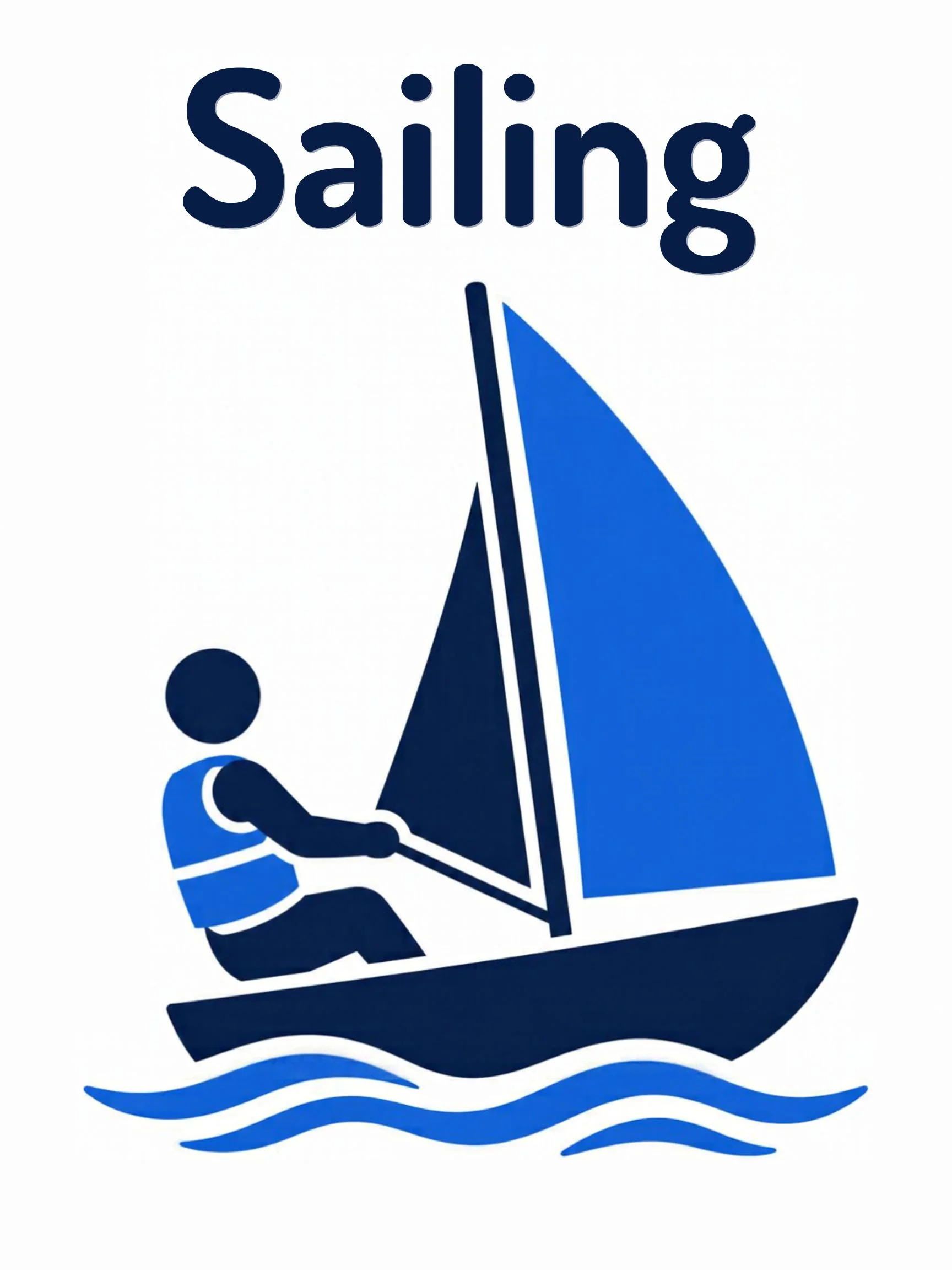 A sports flashcard titled Sailing: the word "sailing" over a sailing scene with a small boat pushing along under a white sail.