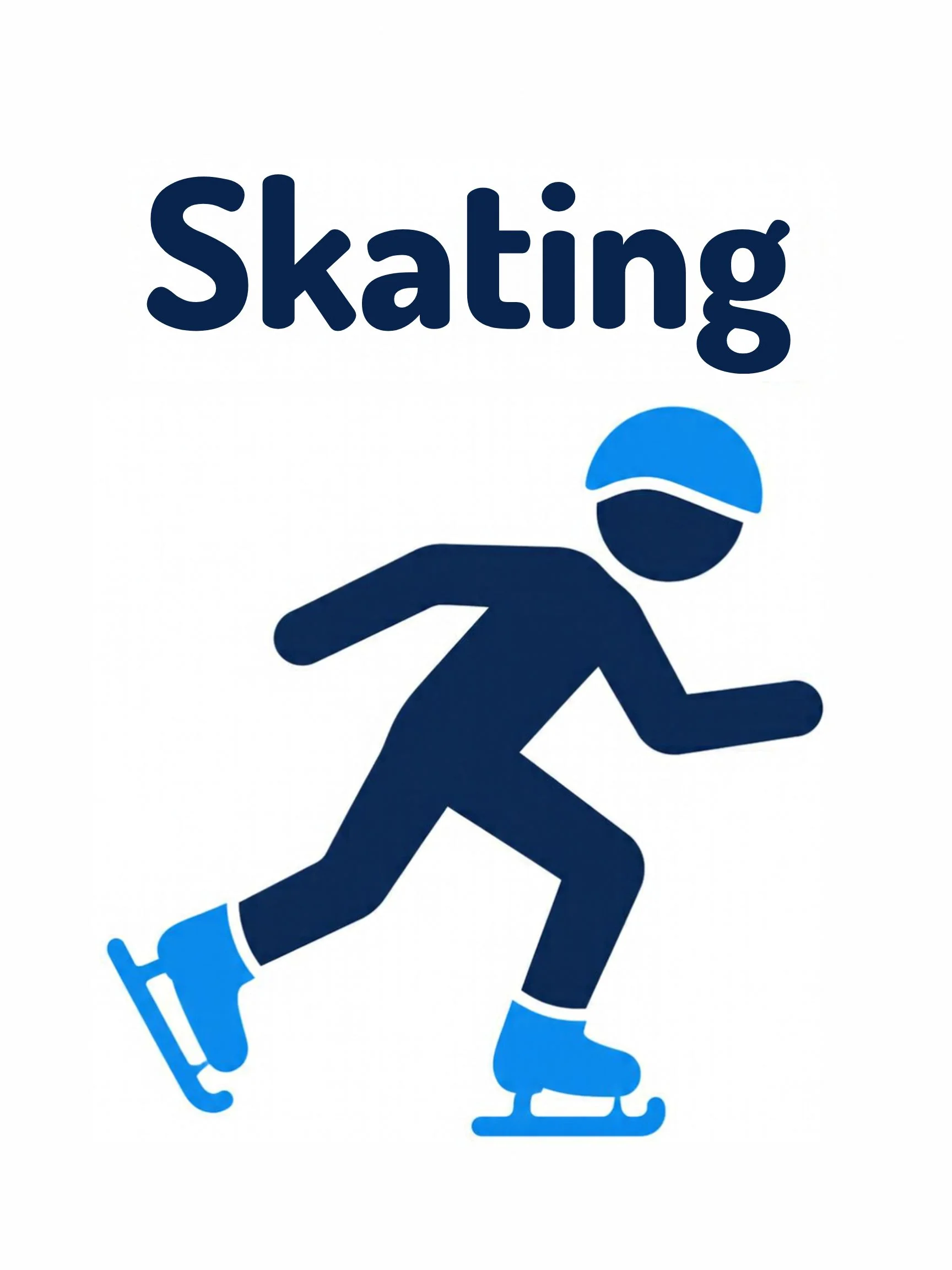 A sports flashcard titled Skating: the word "skating" over an ice-skating scene with a skater gliding on shining blades.