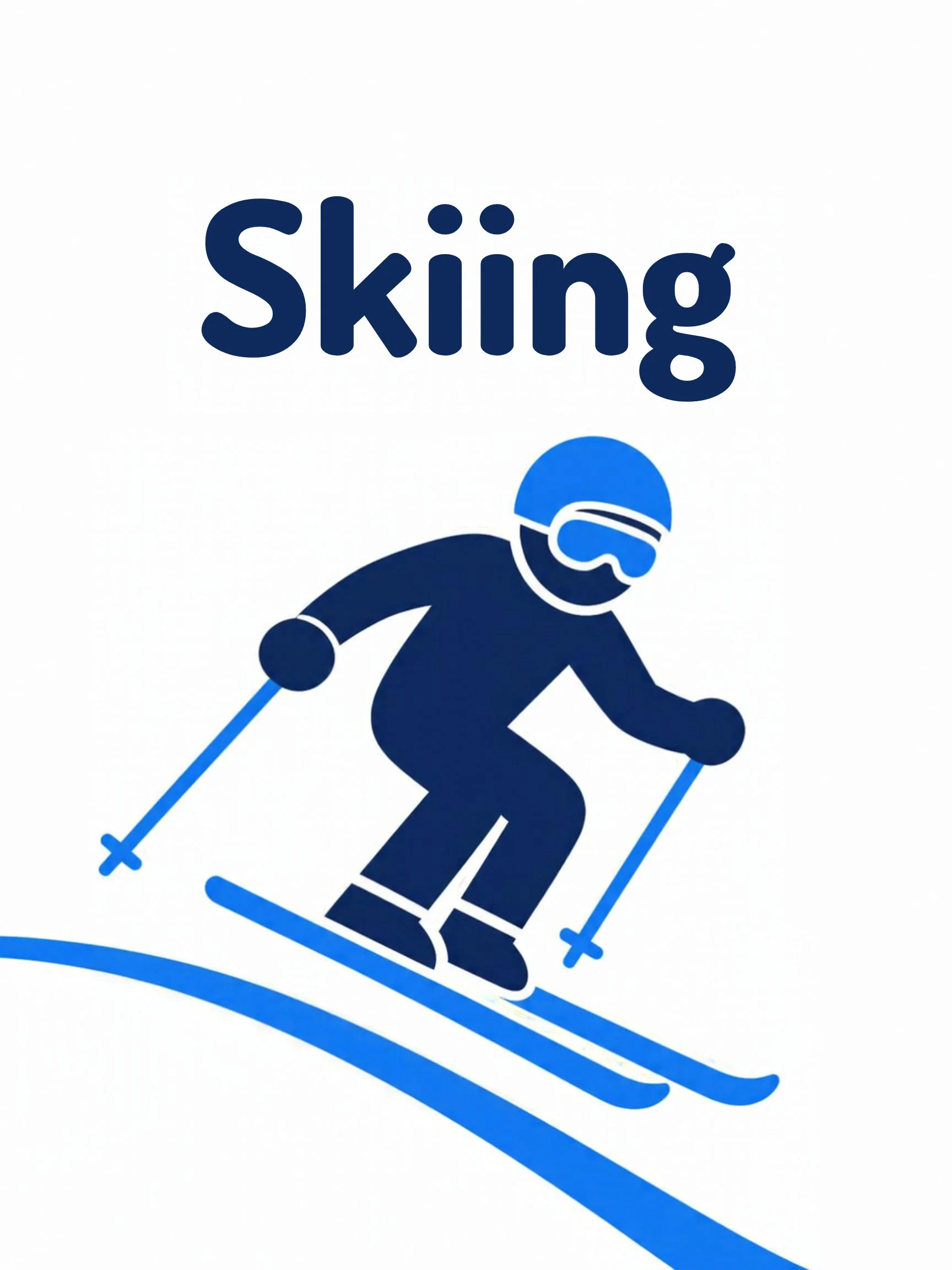A sports flashcard titled Skiing: the word "skiing" over a skiing scene with a skier in a snowsuit on a snowy slope.