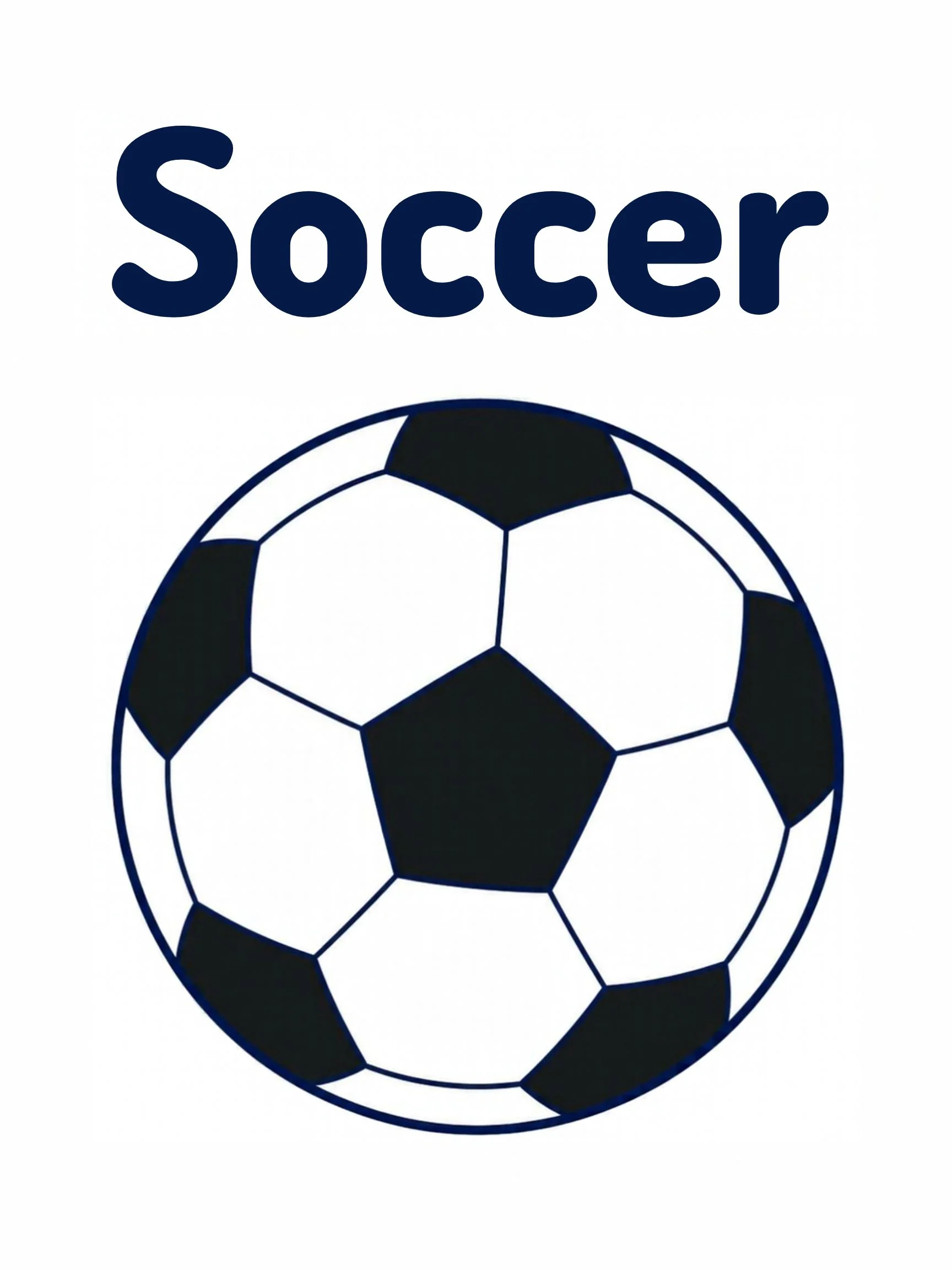 A sports flashcard titled Soccer: the word "soccer" over a soccer scene with a player and a ball on grass.