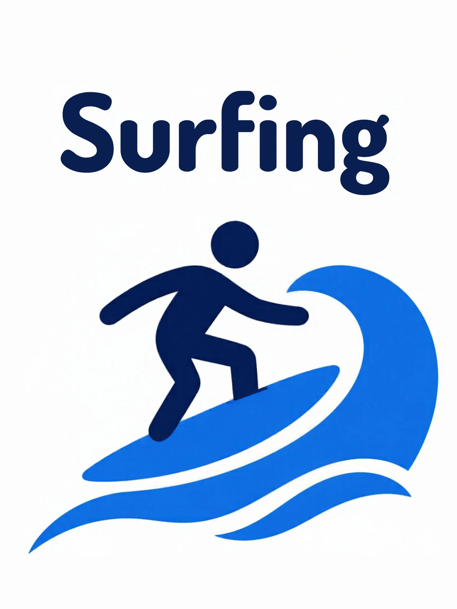 A sports flashcard titled Surfing: the word "surfing" over a surfing scene with a surfer standing on a board on a blue wave.