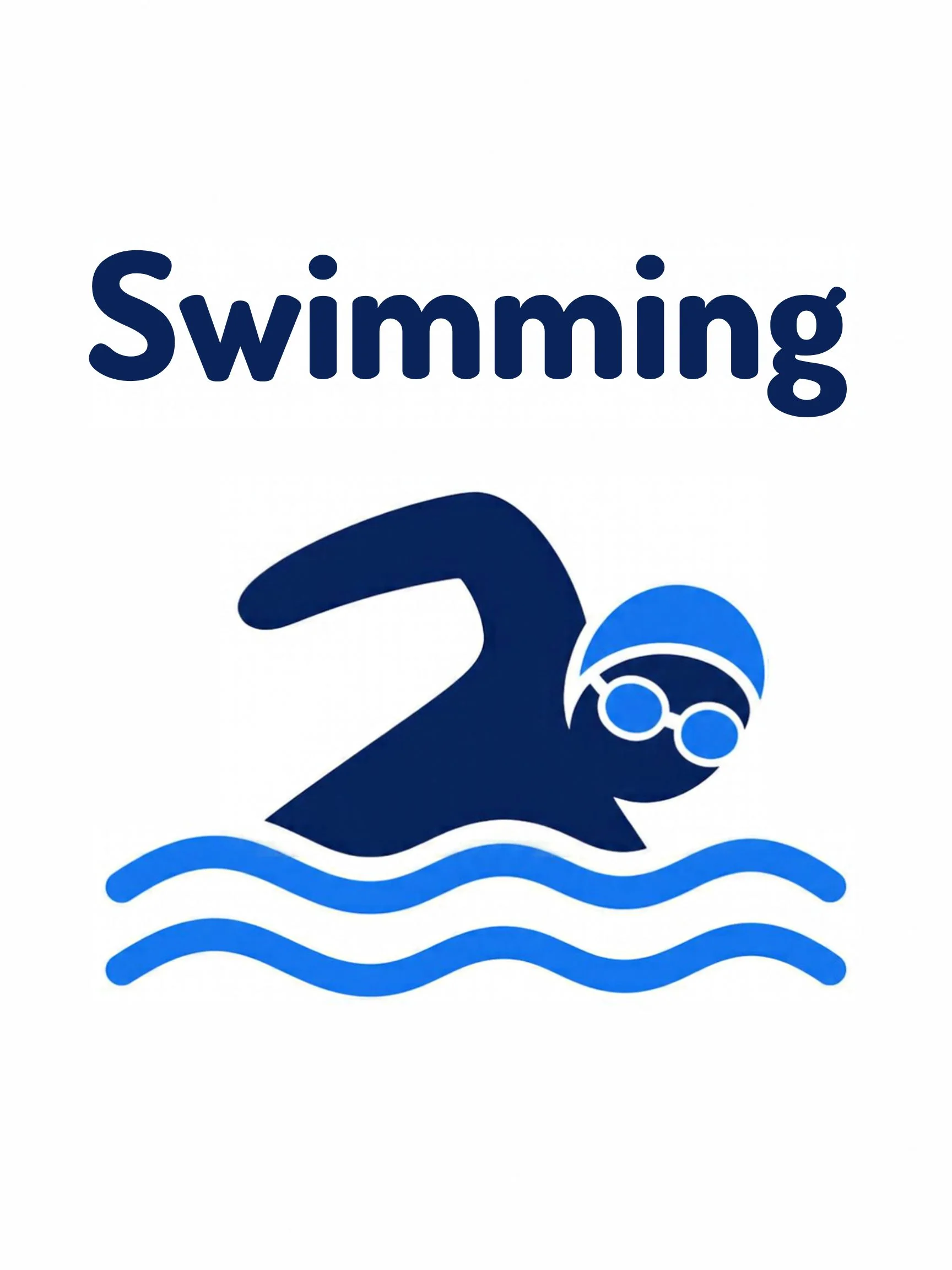 A sports flashcard titled Swimming: the word "swimming" over a swimming scene with a swimmer in goggles in blue water.