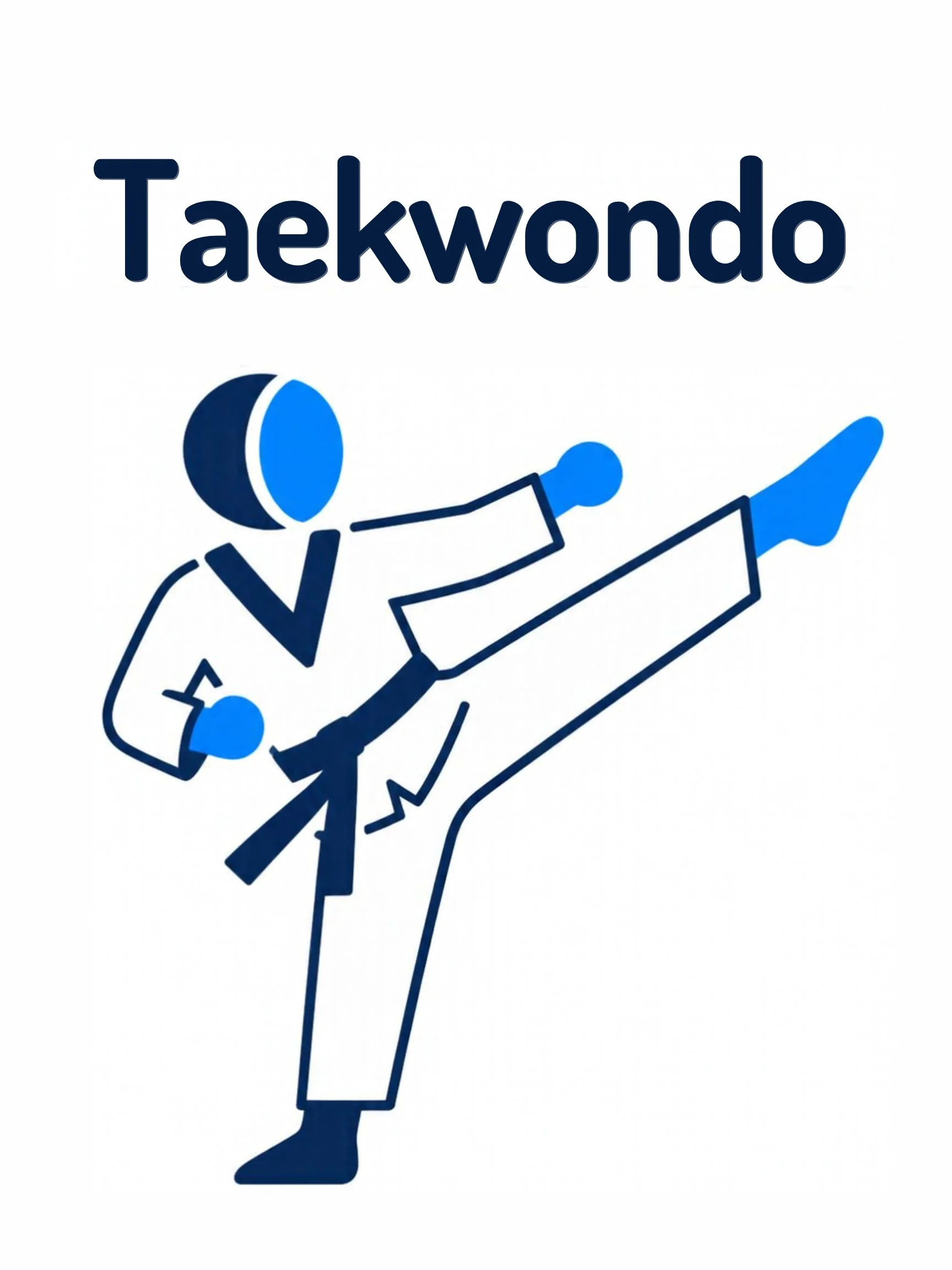 A sports flashcard titled Taekwondo: the word "taekwondo" over a taekwondo scene with a high kick toward a pad.