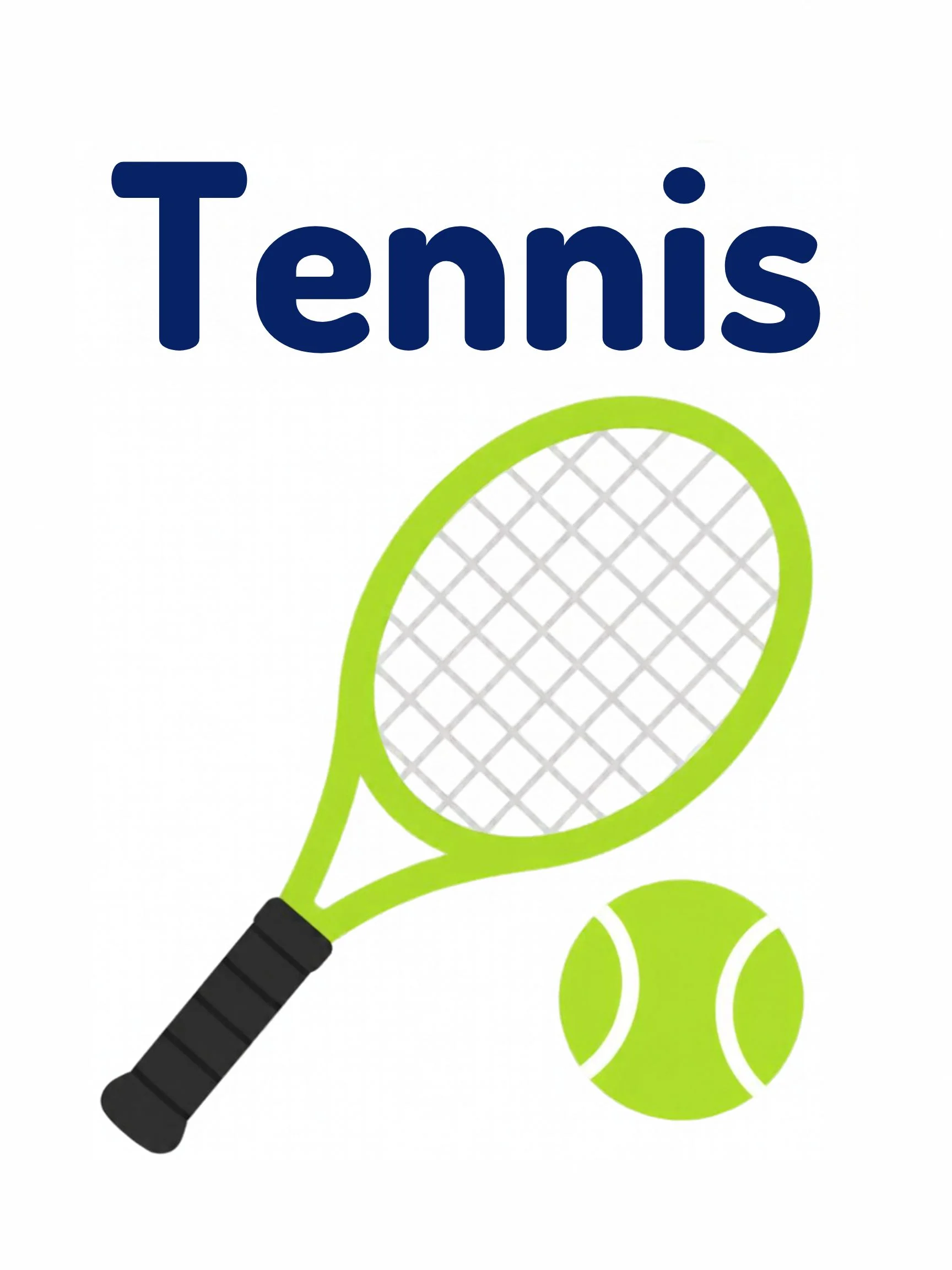 A sports flashcard titled Tennis: the word "tennis" over a tennis scene with a racket, a ball and a net.