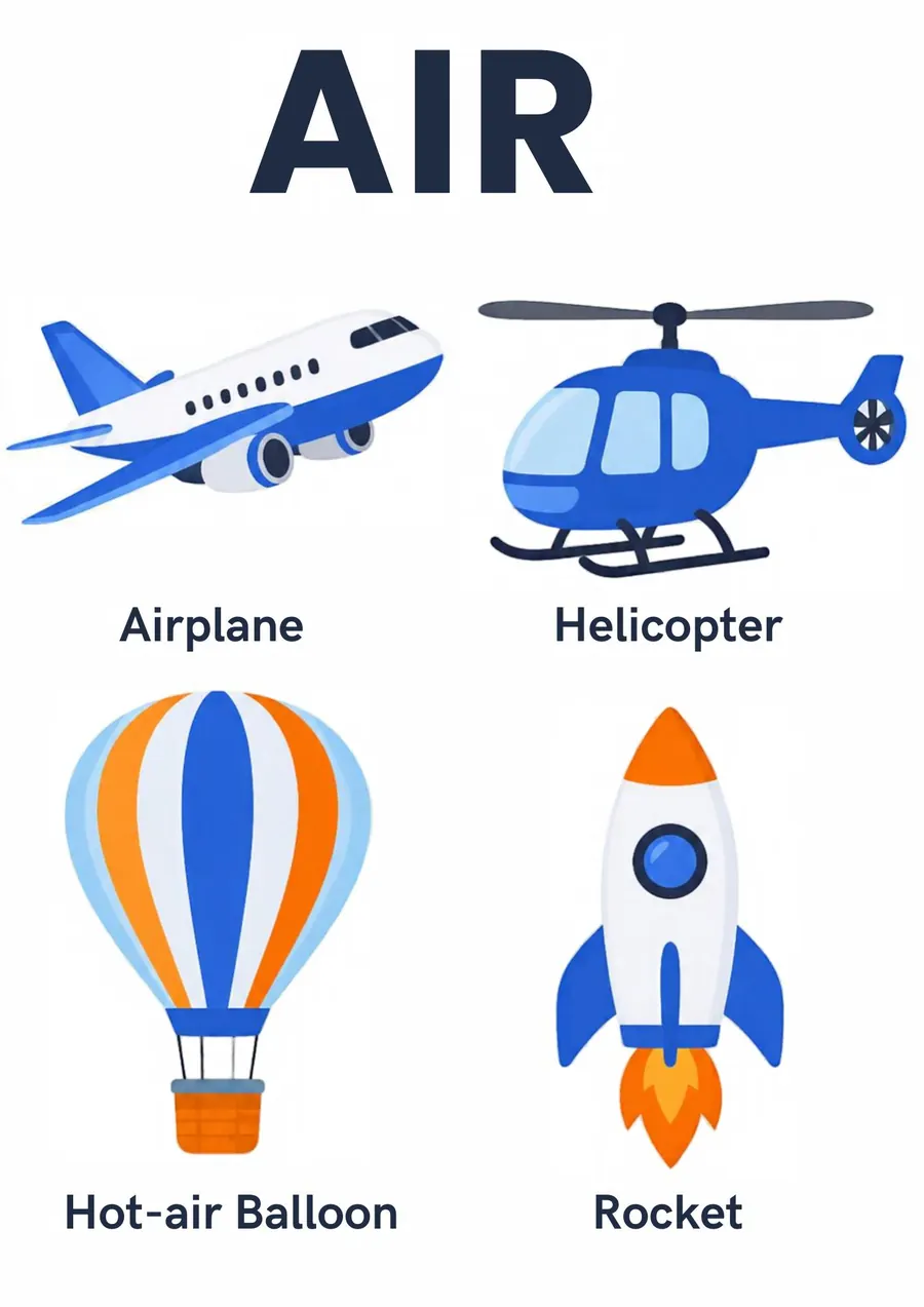 A transportation flashcard headed Air: an airplane, a helicopter, a hot-air balloon and a rocket, each labeled.