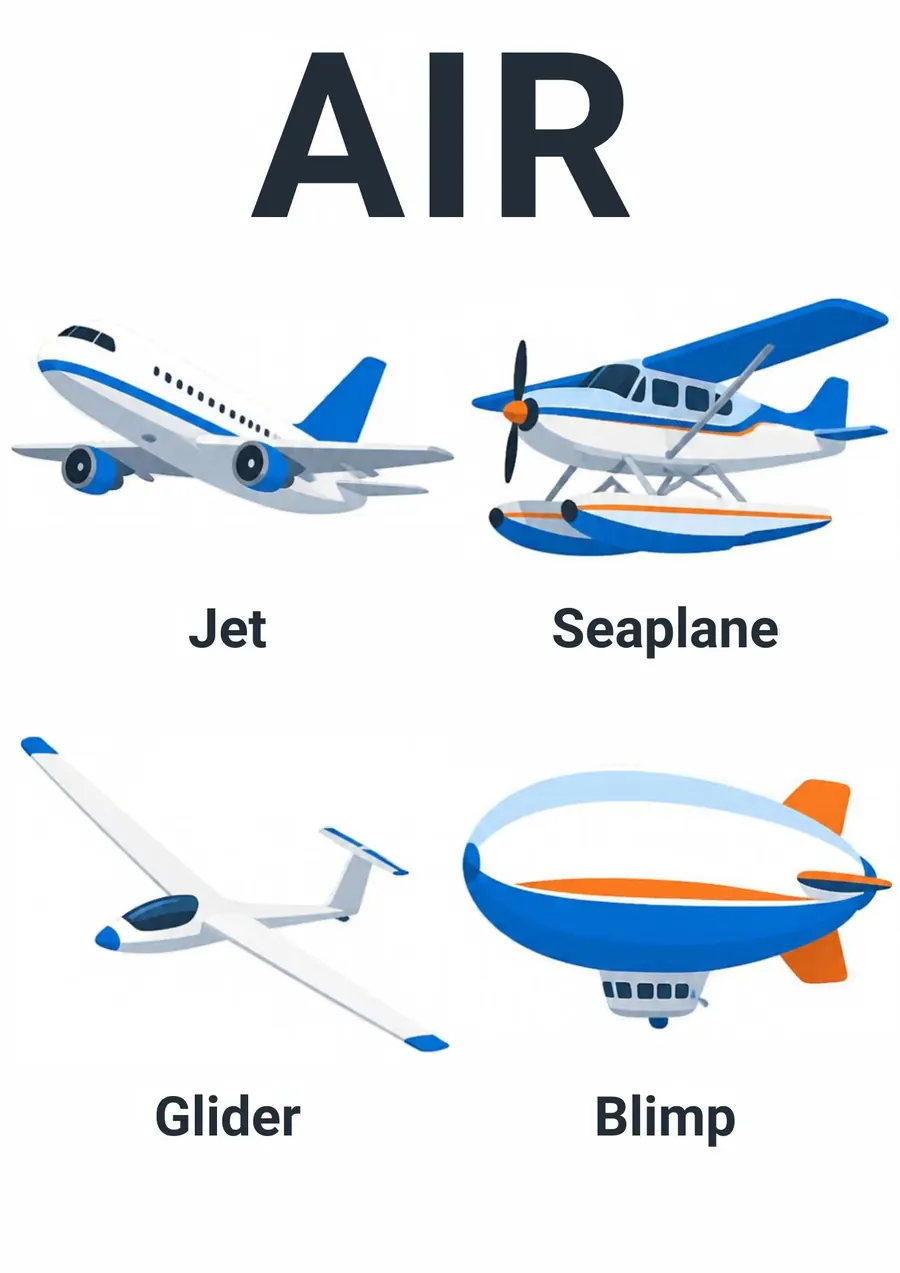 A transportation flashcard headed Air: a jet, a seaplane, a glider and a blimp, each labeled.