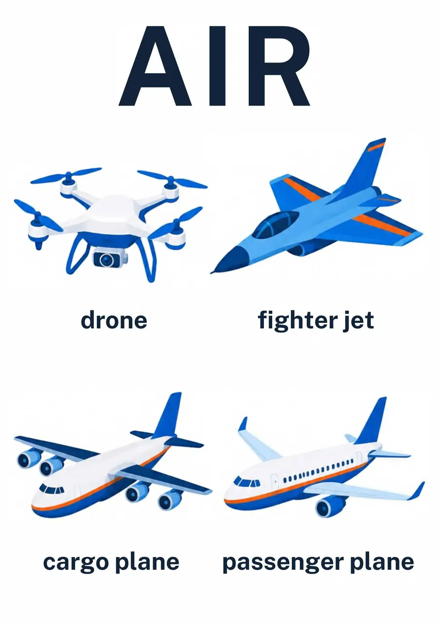 A transportation flashcard headed Air: a drone, a fighter jet, a cargo plane and a passenger plane, each labeled.