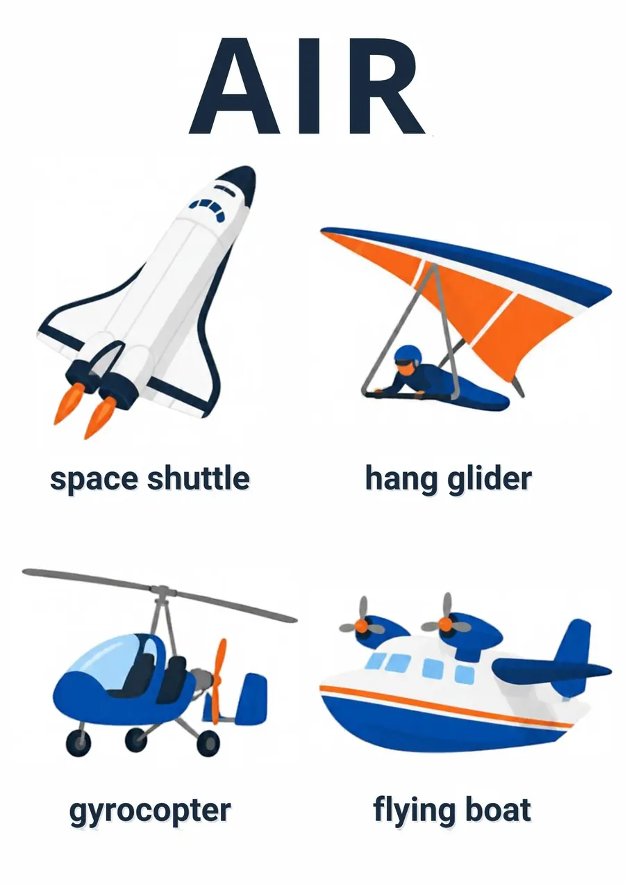 A transportation flashcard headed Air: a space shuttle, a hang glider, a gyrocopter and a flying boat, each labeled.