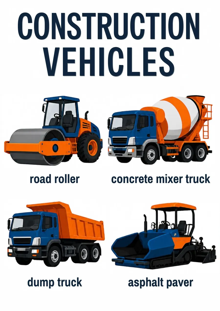 A transportation flashcard headed Construction Vehicles: a road roller, a concrete mixer truck, a dump truck and an asphalt paver, each labeled.