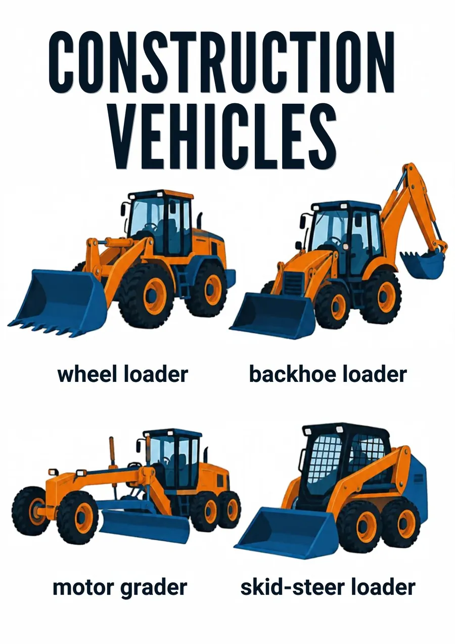 A transportation flashcard headed Construction Vehicles: a wheel loader, a backhoe loader, a motor grader and a skid-steer loader, each labeled.